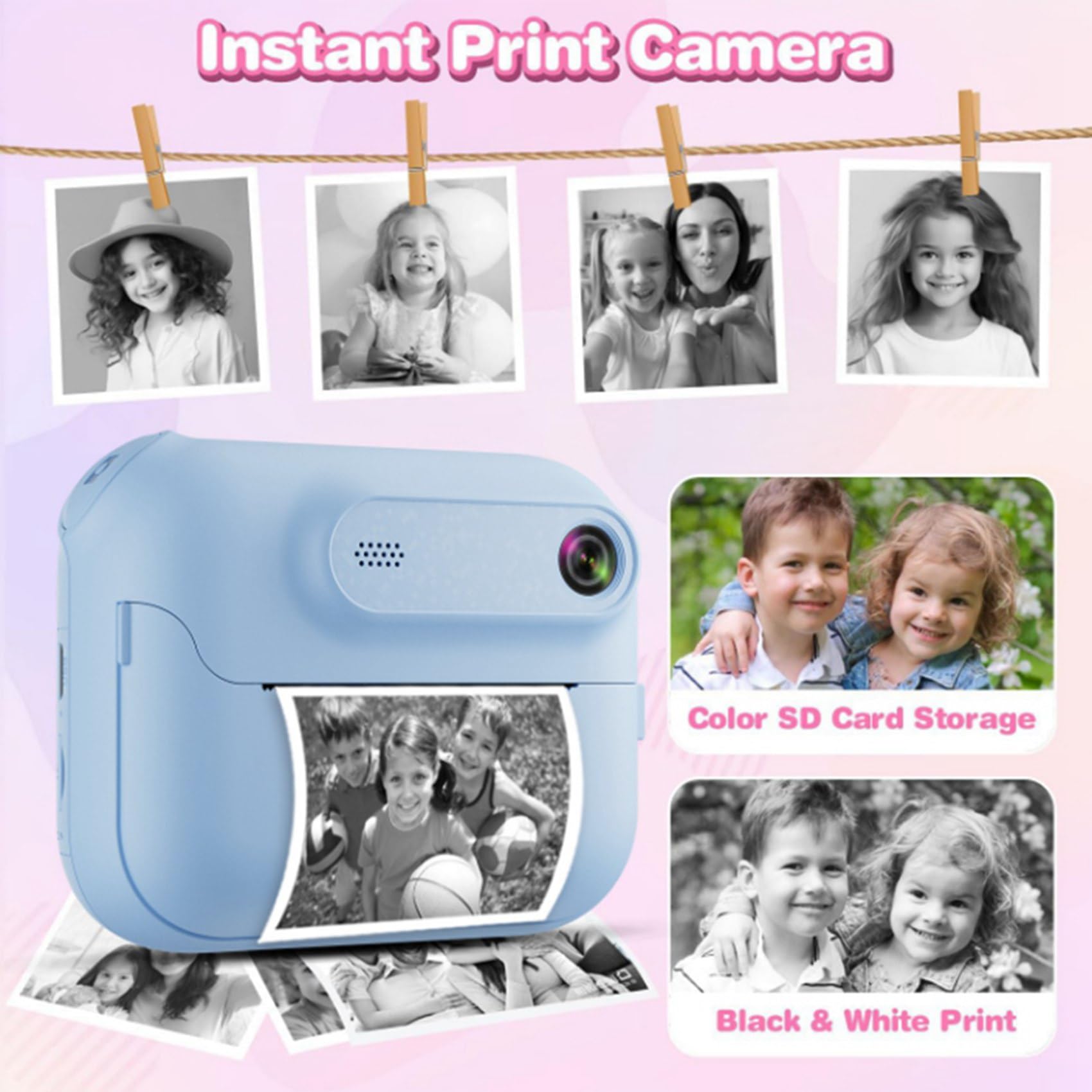 5X Fotocamera Digitale Istantanea HD 1080P 1300mAh per Bambini con Lettore MP3 e 5 Giochi, Regalo di Compleanno per Ragazze e Ragazzi B