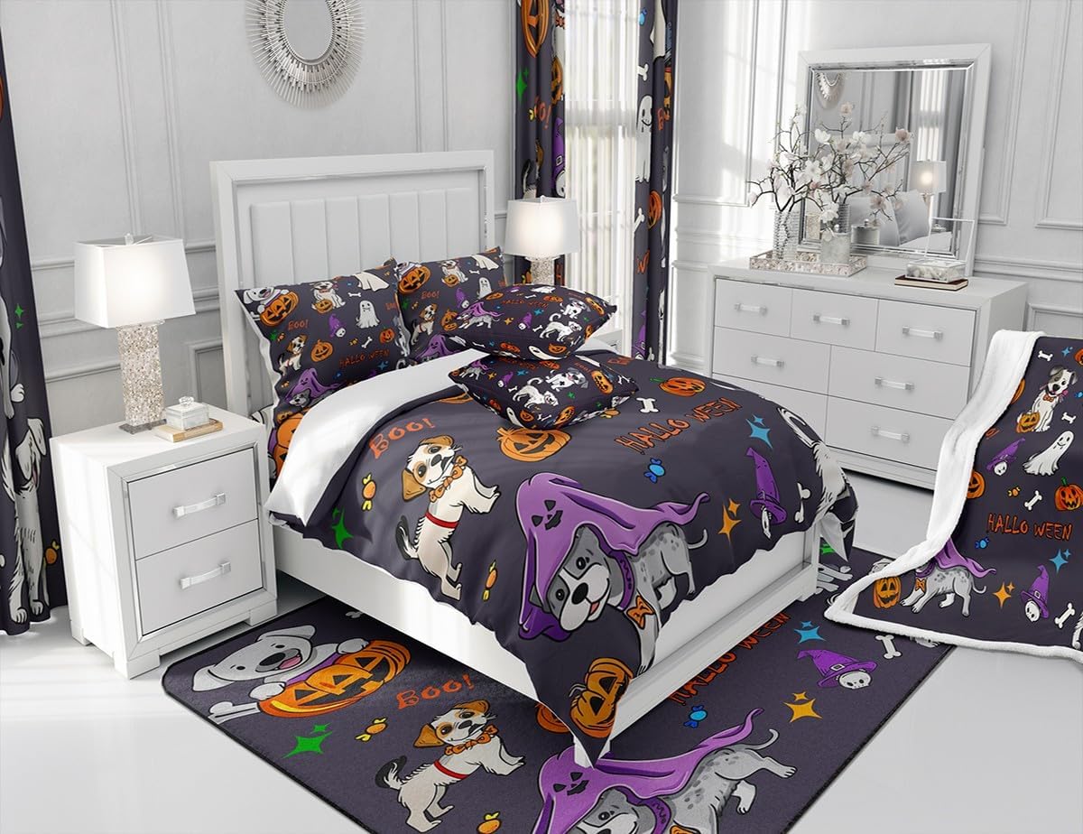 Halloween Theme Dog Bedding Set Queen Size,Ghost Pumpkin Lantern Duvet Cover Set 3Pcs for Kids Girls Boys Teens Room Decor,Cartoon Pet Animals Comforter Cover Dark Festival Quilt Cover,2 Pillowcases