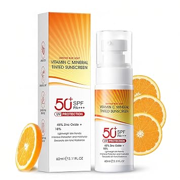Vitamin C Mineral Sunscreen SPF 50, Tinted Sunscreen for Face, Moisturizing Facial Sunscreen with Zinc Oxide, Broad Spectrum UVA/UVB Protection, Non-Greasy, Travel Size 1PC