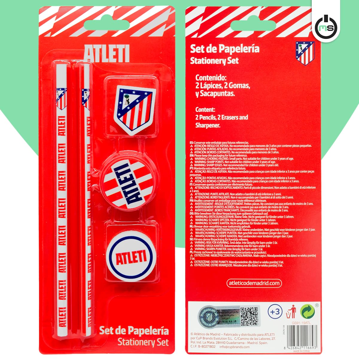 Set de Papelería Atlético de Madrid Oficial | Incluye 2 Lápices, 2 Gomas y 1 Sacapuntas | Producto Licenciado Escolar y de Oficina | Accesorio de Escritura para Niños, Estudiantes y Aficionados Colcho