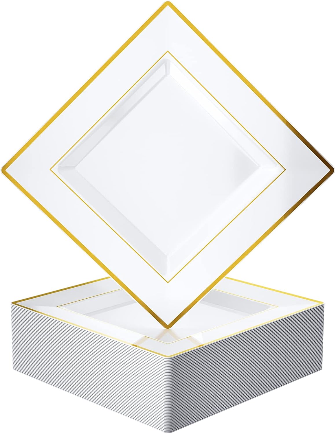 JOLLY CHEF 60 Pack Plastic Dinner Plates- Square Gold Plastic Plates with Elegant Gold Rim 9.5 Inch Disposable for Wedding, Birthday, Halloween and Party