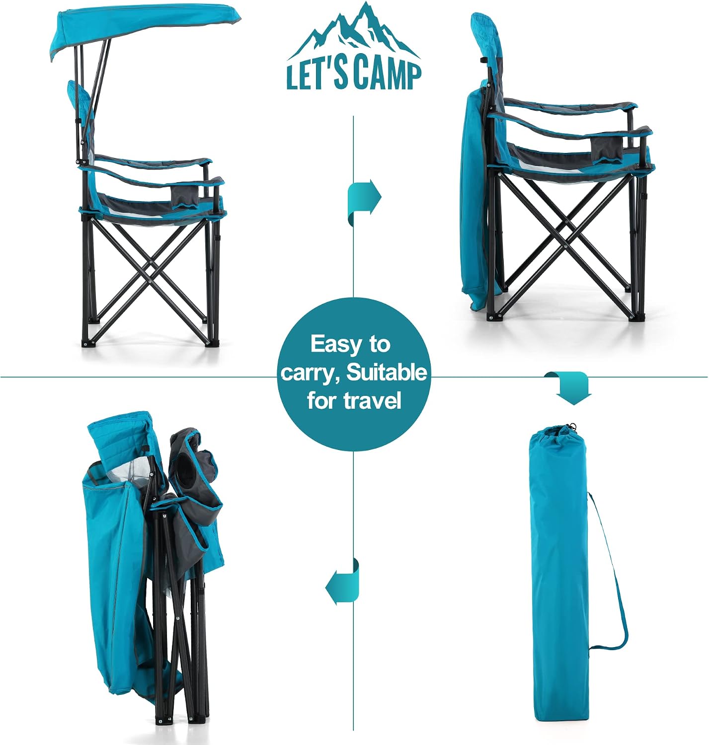 LET'S CAMP Camp Chair with Shade Canopy Folding Camping Chair with Cup Holder and Carry Bag for Outdoor Camping Hiking Beach, Heavy Duty 350 LBS,2 Pack