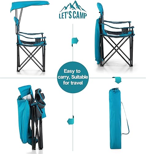 Miniatura 7 de LET'S CAMP Silla de campamento con toldo de sombra, silla de camping plegable con portavasos y bolsa de transporte para acampar al aire libre,