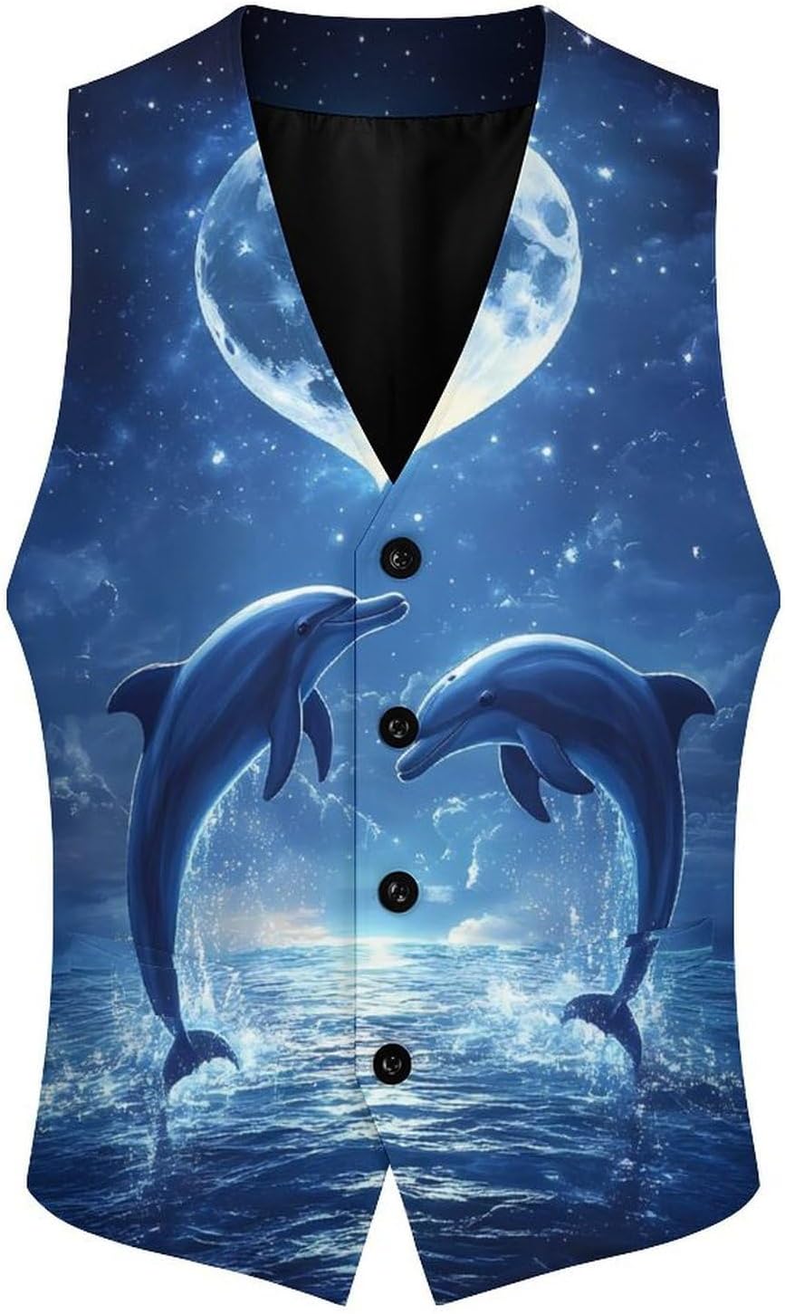 Moon Dolphins Love Men's Suit Vest Casual Business Dress Slim Fit Waistcoat Vests with Pockets