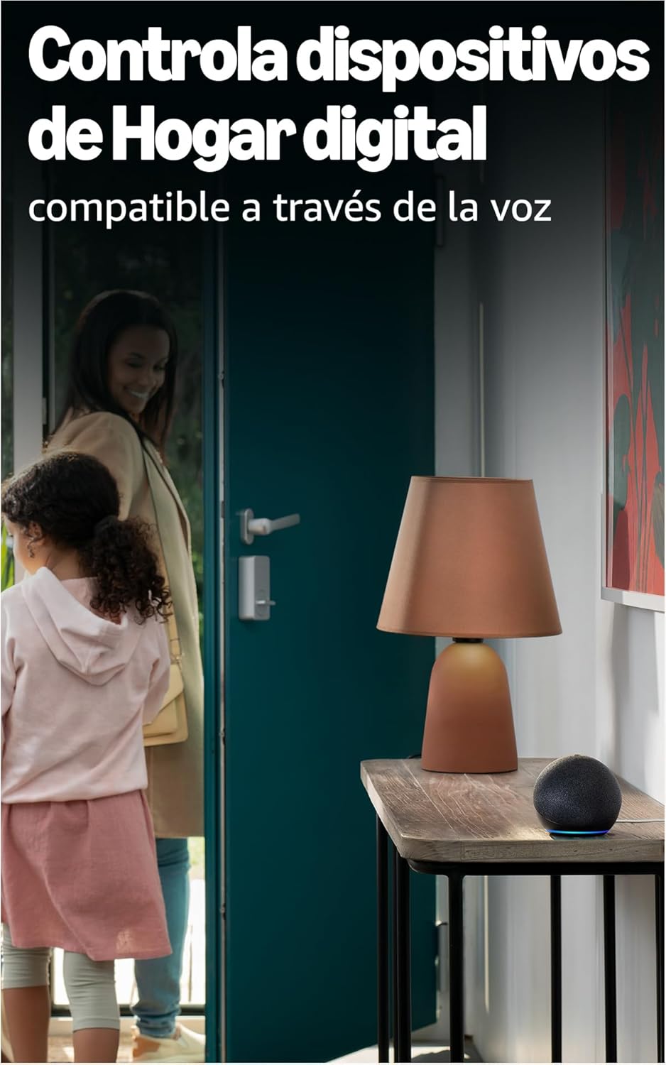 Amazon Echo Dot (5th Generation) on a side table, with a person entering a smart home, illustrating voice control of smart devices.