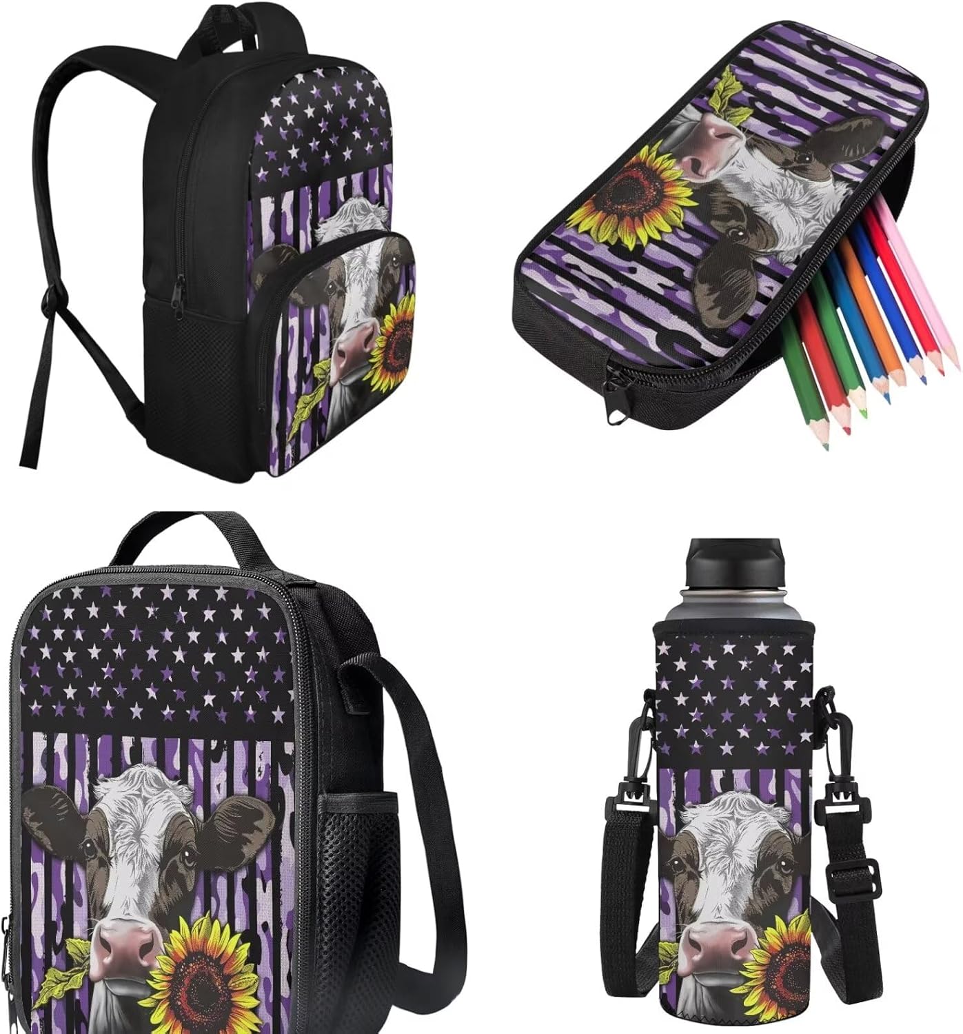 JEOCODY Cow Print Backpack for Girls Boys American Flag School Bag with Lunch Bag Pencil Case Water Bottle Holder Kids Bookbag Purse for Kindergarten Primary School Students Teens Women