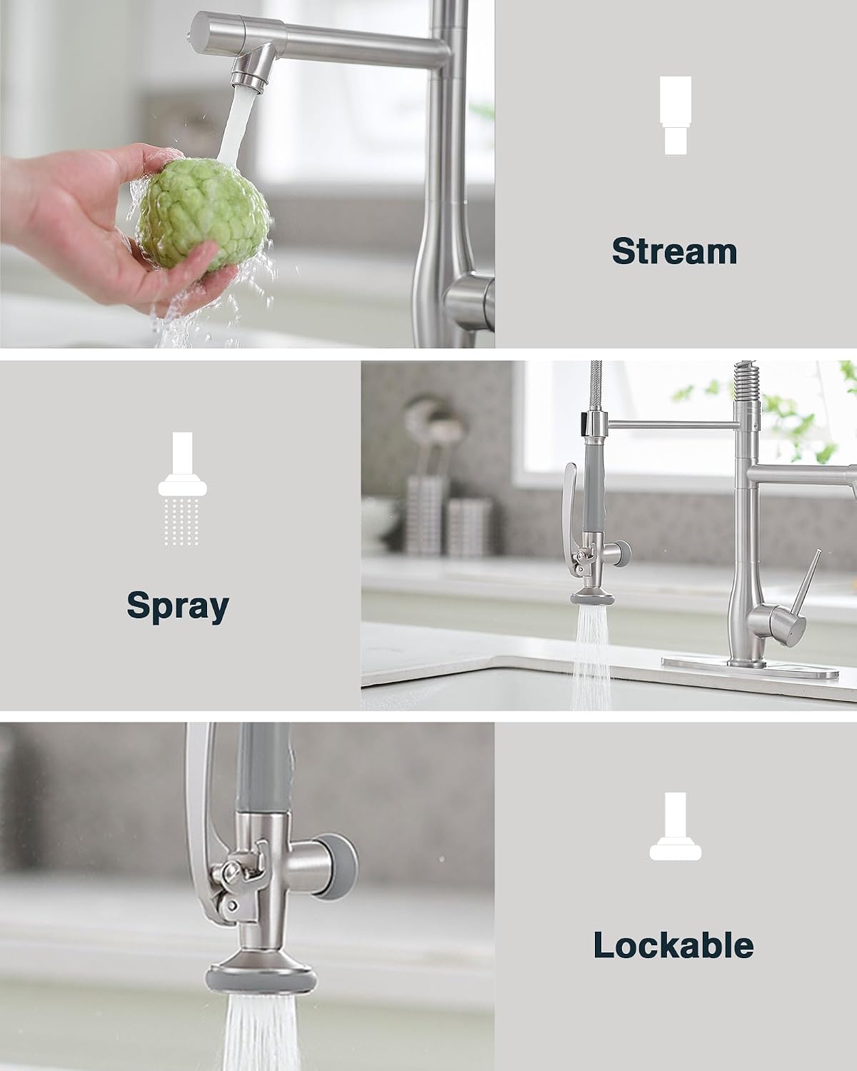 Kitchen Faucet with Pull Down Sprayer Single Handle Brushed Nickel Commercial Kitchen Sink Faucet High Pressure Double-Headed Stainless Steel Kitchen Faucets Fit for 1 or 3 Holes