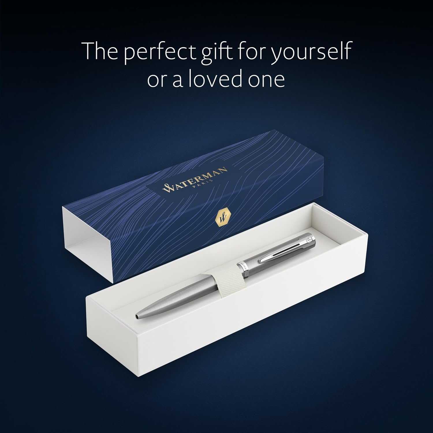 Waterman Impression Ballpoint Pen | Medium Tip with Blue Ink Refill | Stainless Steel with Palladium-Coated Trim | Gift Box