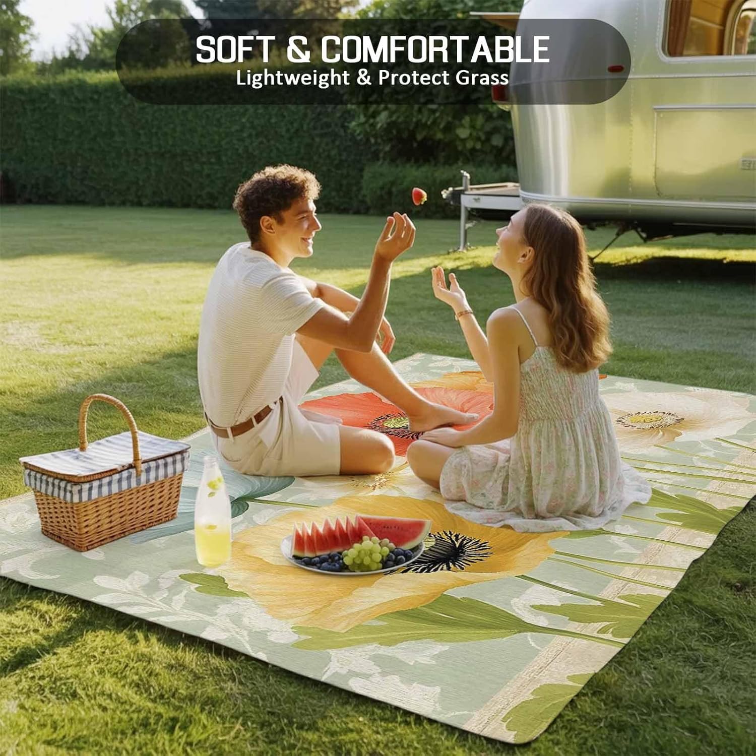 Outdoor Rug 4x6 ft Red Yellow Poppies Outdoor Large Area Rug Non Slip Rubber Vintage Flowers Front Door Mat RV Rug Camping Carpet Patio Outdoor Rugs for Backyard Balcony Deck Porch Indoor Outside