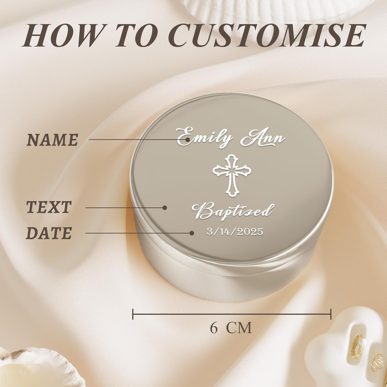 Bemaystar Baptism Gifts for Girl Personalized Jewelry Box Personalized Gifts Customized Gifts Birthday Gifts Keepsake Box for Friend, Women, Wife, or Daughter with Cross, Silver Toned, Round