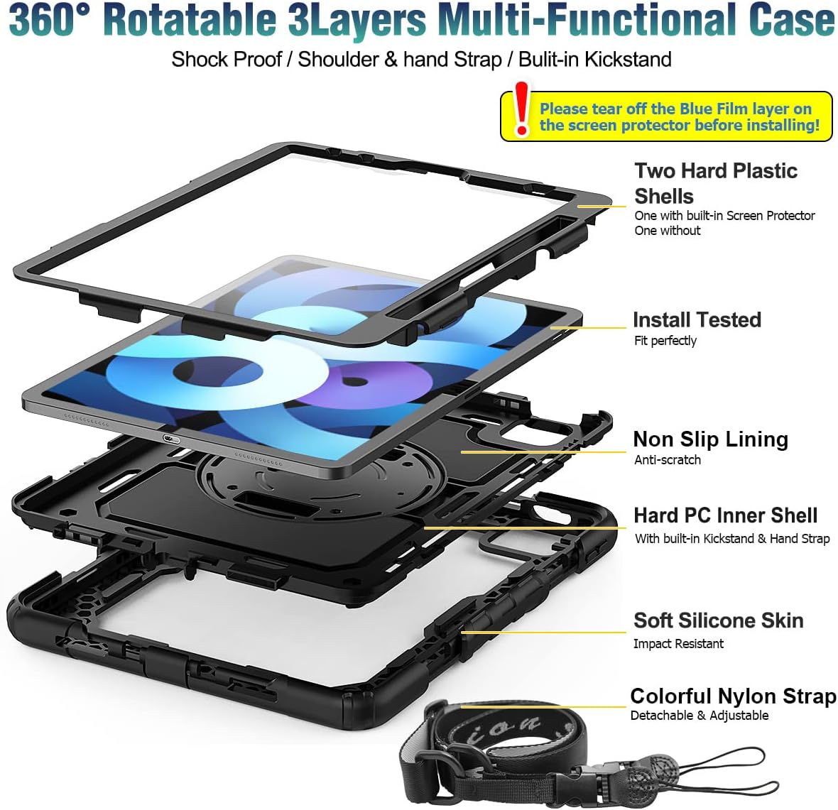 SEYMAC stock Case for iPad Air 5th/4th Generation/Pro 11 (4th/3rd/2nd) with Screen Protector Pen Holder, 360° Rotate Hand Strap/Stand Case for iPad Air 5th/4th Gen 10.9''/ Pro 11'' (Black)