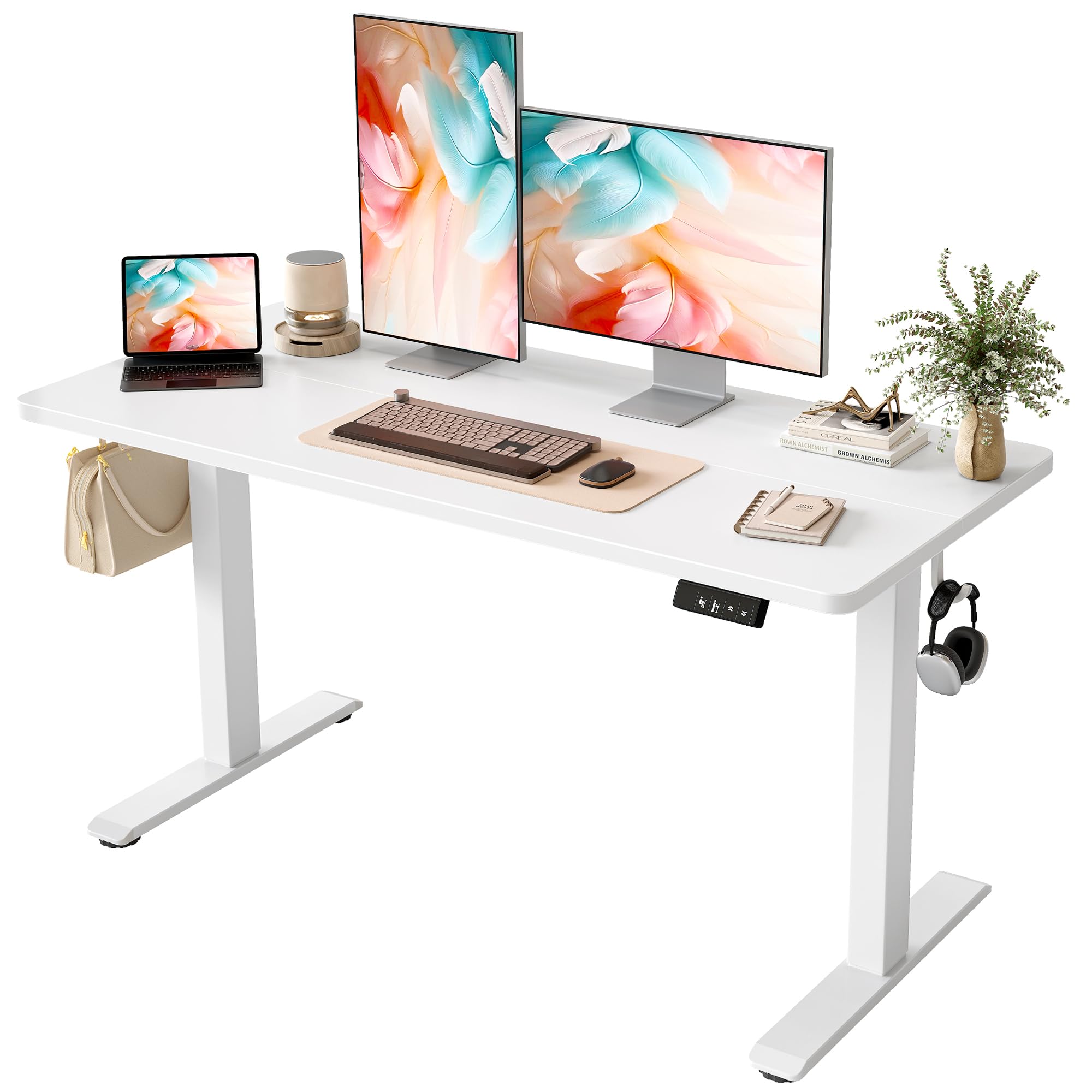 BEXEVUE Standing Desk, Electric Height Adjustable Desk, 48x24 Inches Sit Stand Desk, Home Office Computer Desk with Splice Board, Bureau De Travail Ajustable (White)