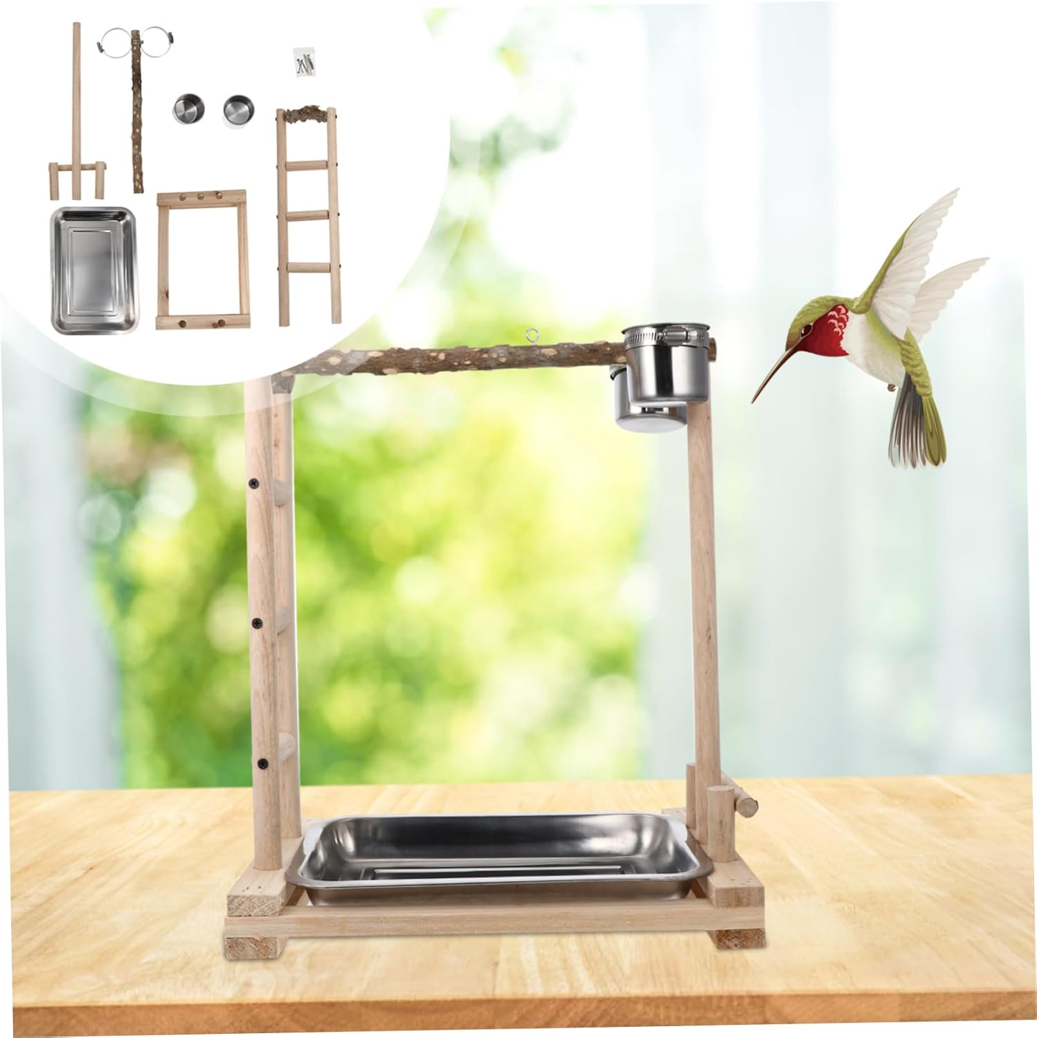 POPETPOP Stainless Steel Bird Feeder Ladder Parrot Playground Feeding Rack Sturdy PET Bird Stand for Parrots Easy to Clean Includes Removable Tray