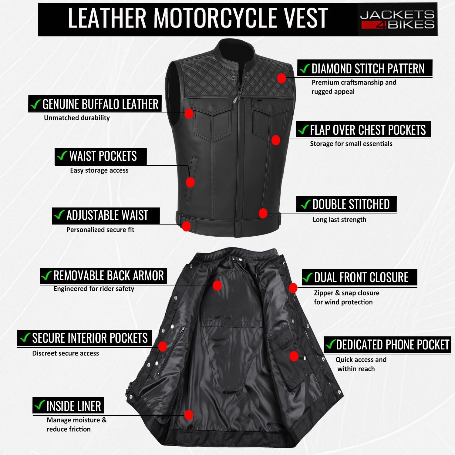 Jackets 4 Bikes SOA Men's Motorcycle Vest, Geniune Buffalo Leather, Back Armor, Inside Pockets, Motorbike Riding Club Vests Paisley White M - Image 5