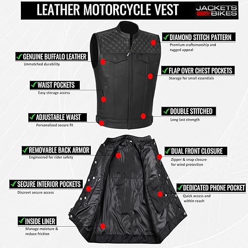 Miniatura 5 de Jackets 4 Bikes SOA Chaleco de Motocicleta para Hombre, Cuero Genuino de Búfalo, Armadura Trasera, Bolsillos Interiores, Chalecos de Club de