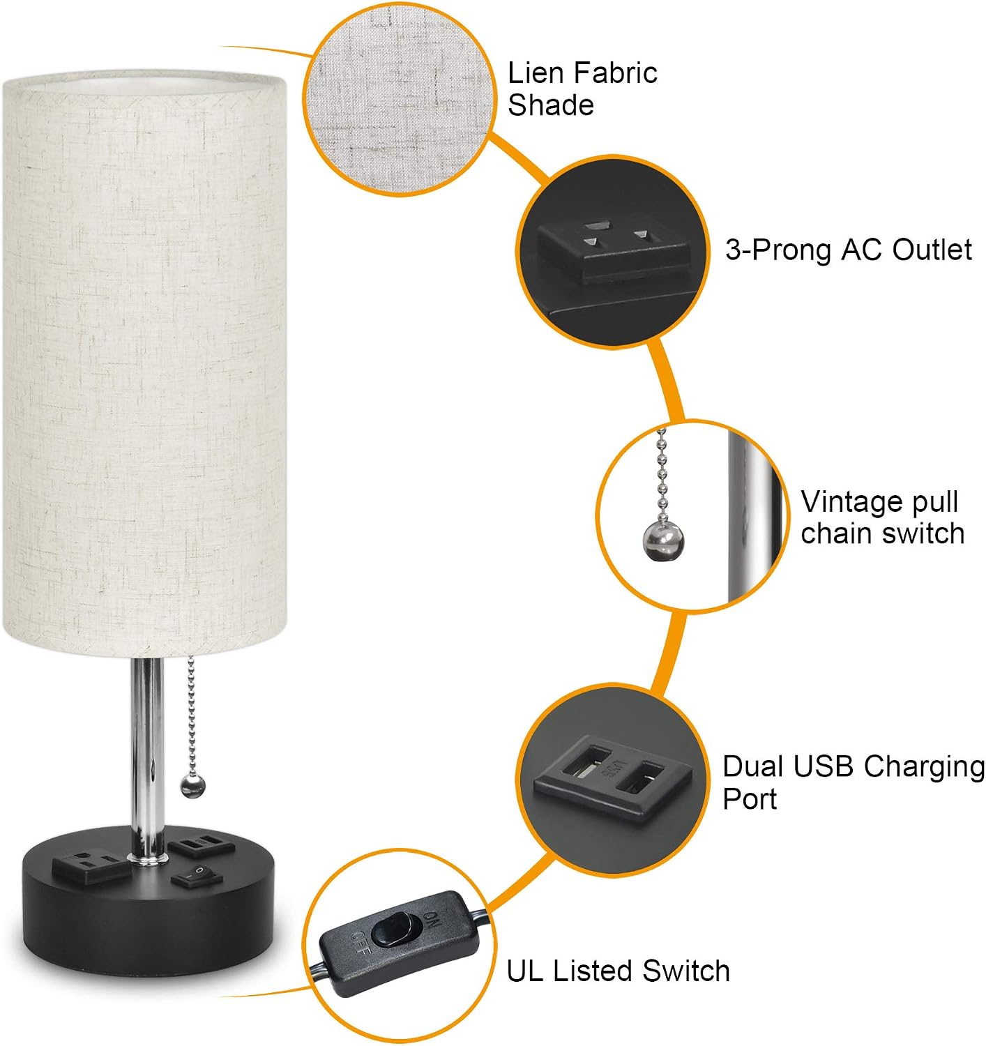 USB Table Lamps for Bedroom,Bedside Lamp with Dual Charging Ports,Hansang Modern Nightstand Lamp with Cylindrical Fabric Linen Lampshade Vintage Pull Chain,E26 Base 5000K Daylight Light Bulb Included