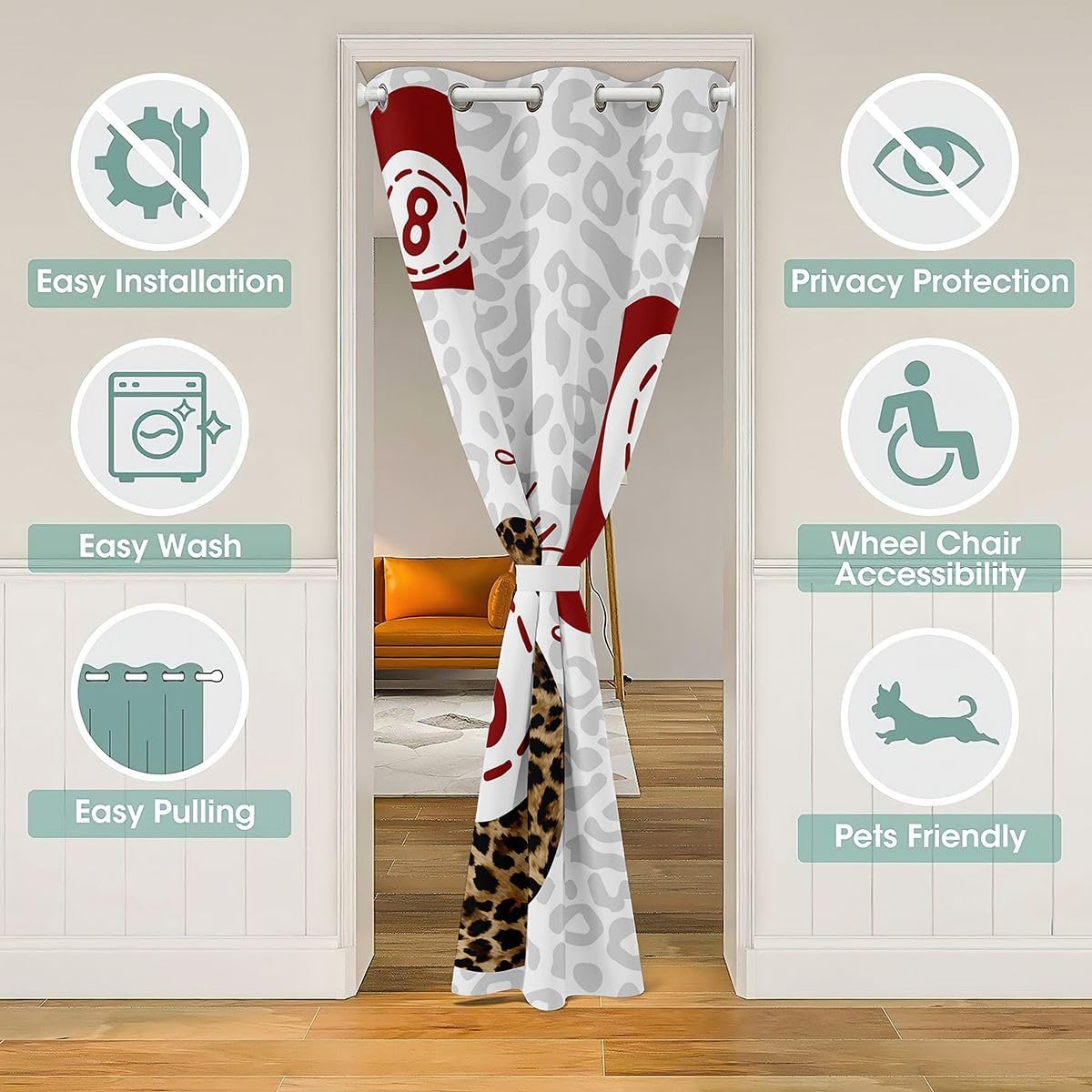 jejeloiu Lucky 8 Ball Door Curtain for Doorway Privacy Cheetah Leopard Print Closet Cover Dark Red Brown Room Divider Curtain 42" x 80" Coquette Bedroom Living Room Window Treatments