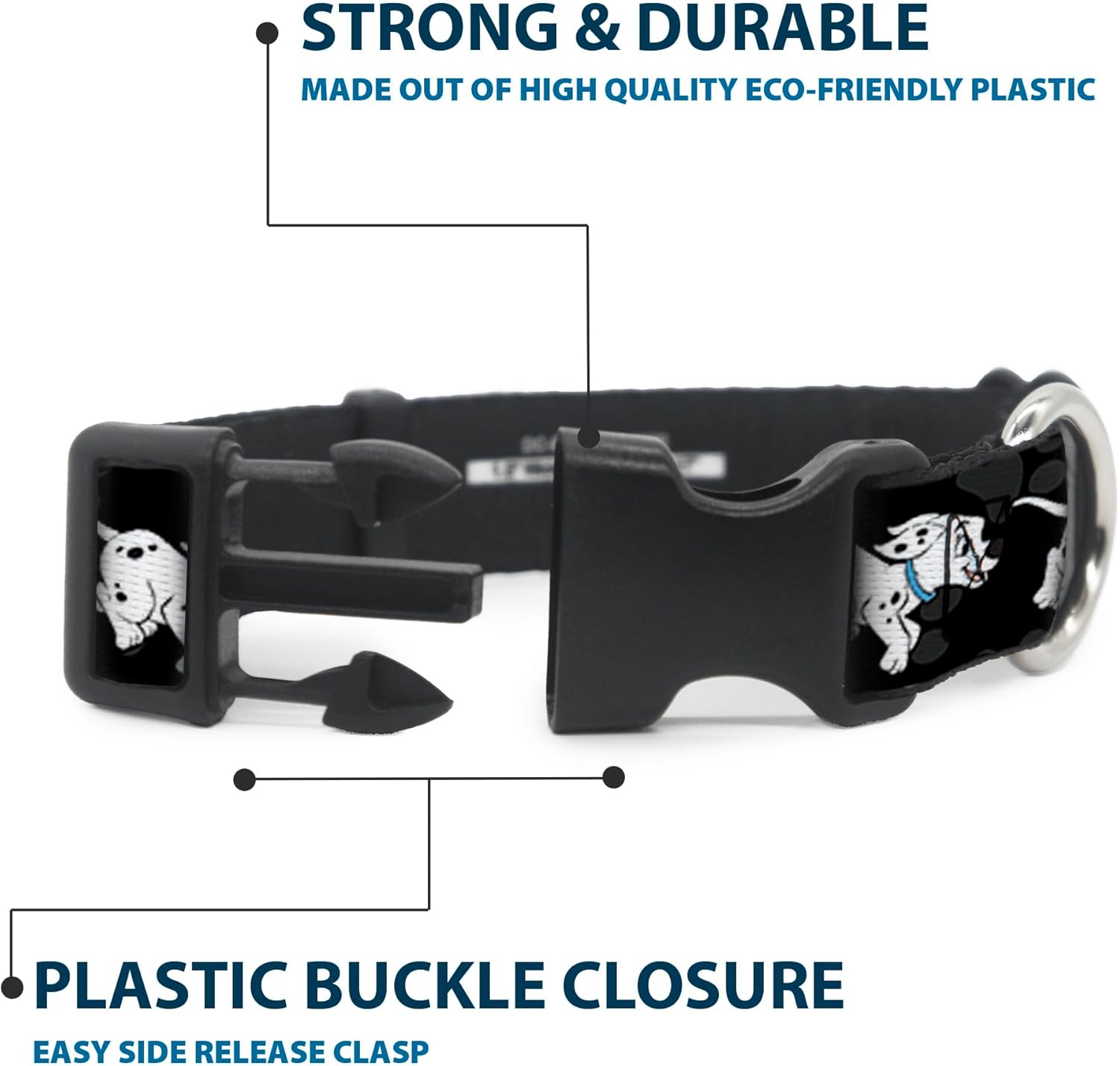 Buckle-Down Plastic Clip Collar - Dalmatians Running/Paws Black/Gray/White/Black - 1.5" Wide - Fits 16-23" Neck - Medium, Multicolor