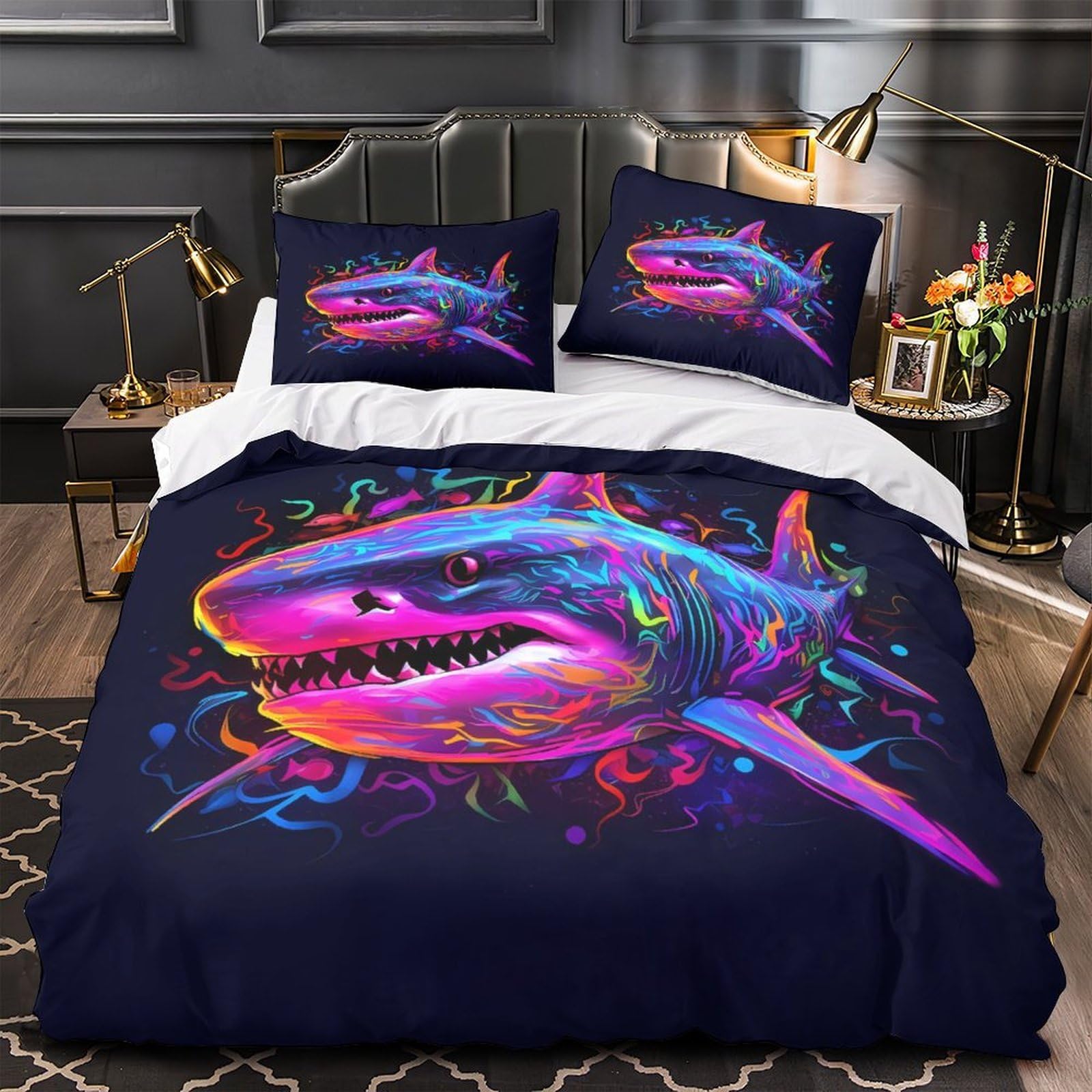 Housse de couette anti-décoloration requin 3D aux couleurs néon vibrantes