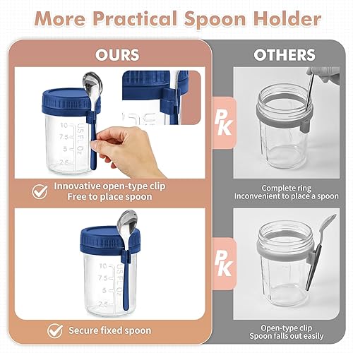 Miniatura 3 de DRKIO Paquete de 4 recipientes de vidrio para avena durante la noche con tapas y cucharas, tarros de 16 onzas para avena durante la noche, a prueba