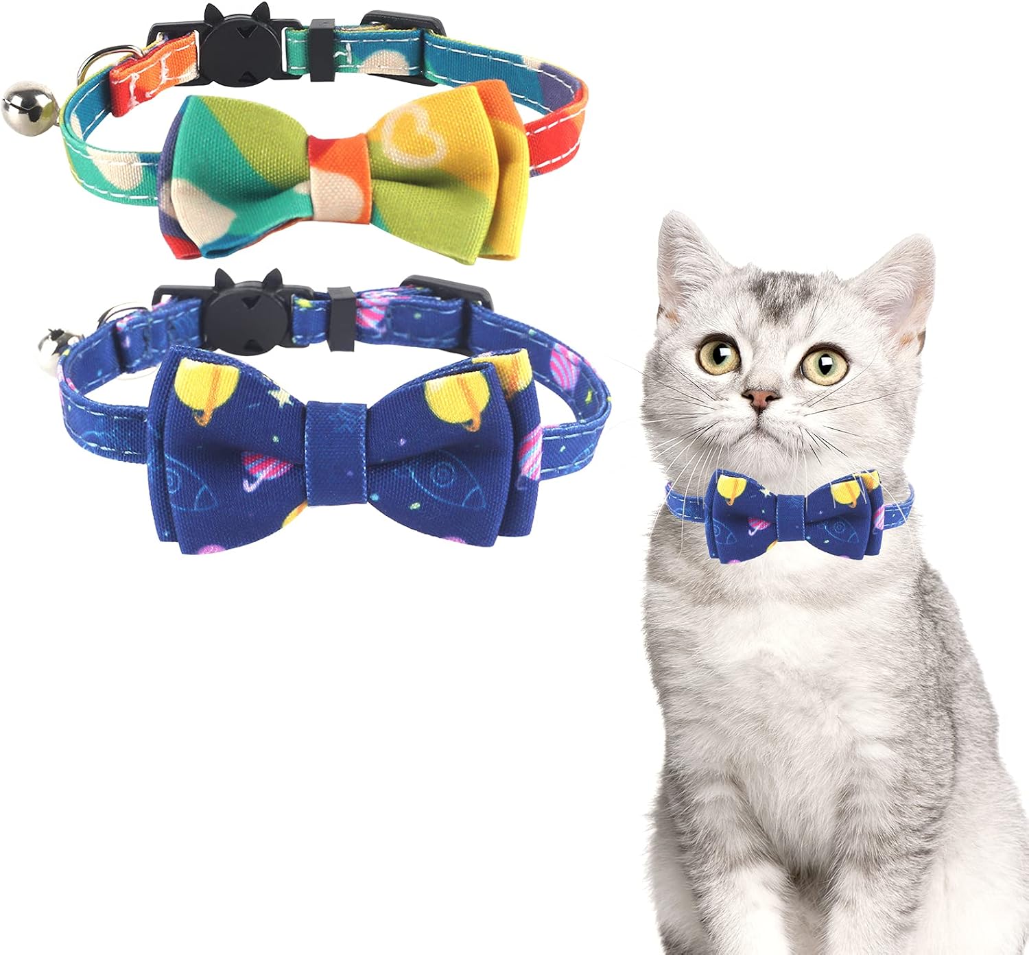 QuTZ Breakaway Cat Collar with Bell and Bow Tie, 2 Pack Cat Collars, 10 Styles Cat Collars for Male and Female Cats, Adjustable Length,…