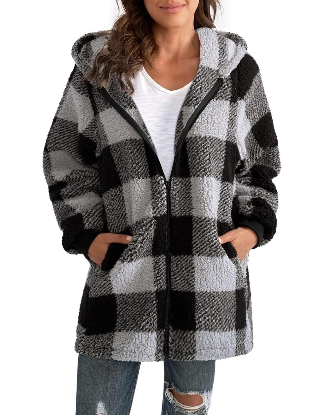 LICIAATWIG Women's Fleece Coat Checkered Warm Winter Jacket Hooded Jacket Fluffy Plush Jacket Zipper Sweatshirt with Hood and Pockets