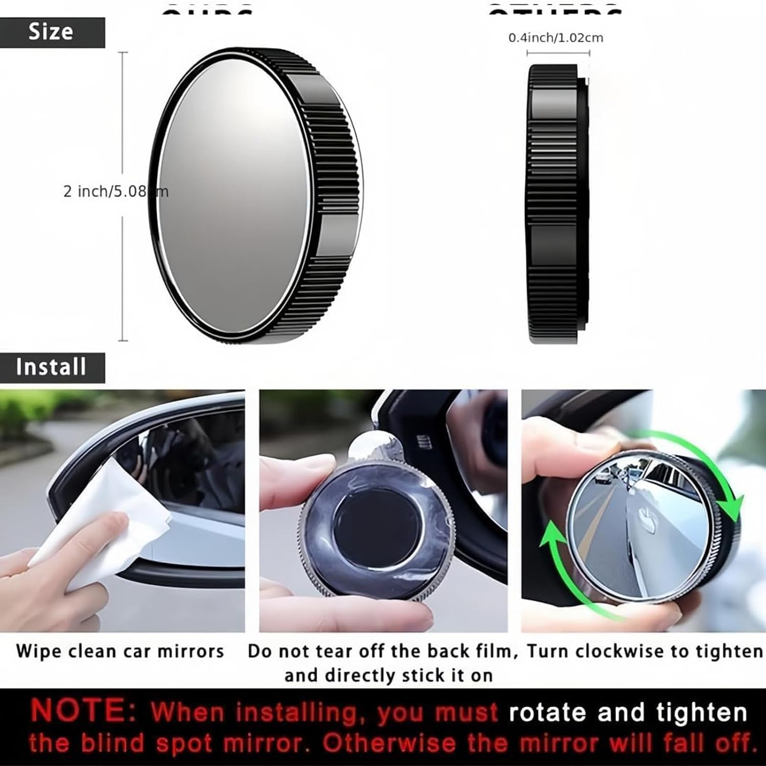 2-Pack Blind Spot Mirrors for Cars - 2 Inch Round HD Glass Convex Rearview Mirror, 360° Wide-Angle Suction Cup Mount for SUV, Truck, Universal Fit, Black