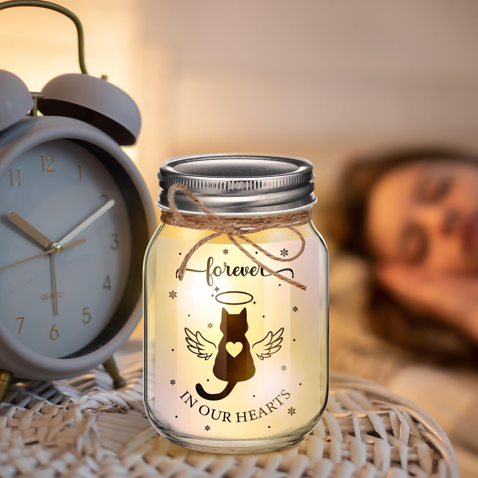 Glooglitter Cat Memorial Gifts for Loss of Cat Mason Jar Night Light Decor Pet Lover Sympathy Remembrance Gifts for Women Loss Loved Pet Bereavement Memorial Ornament