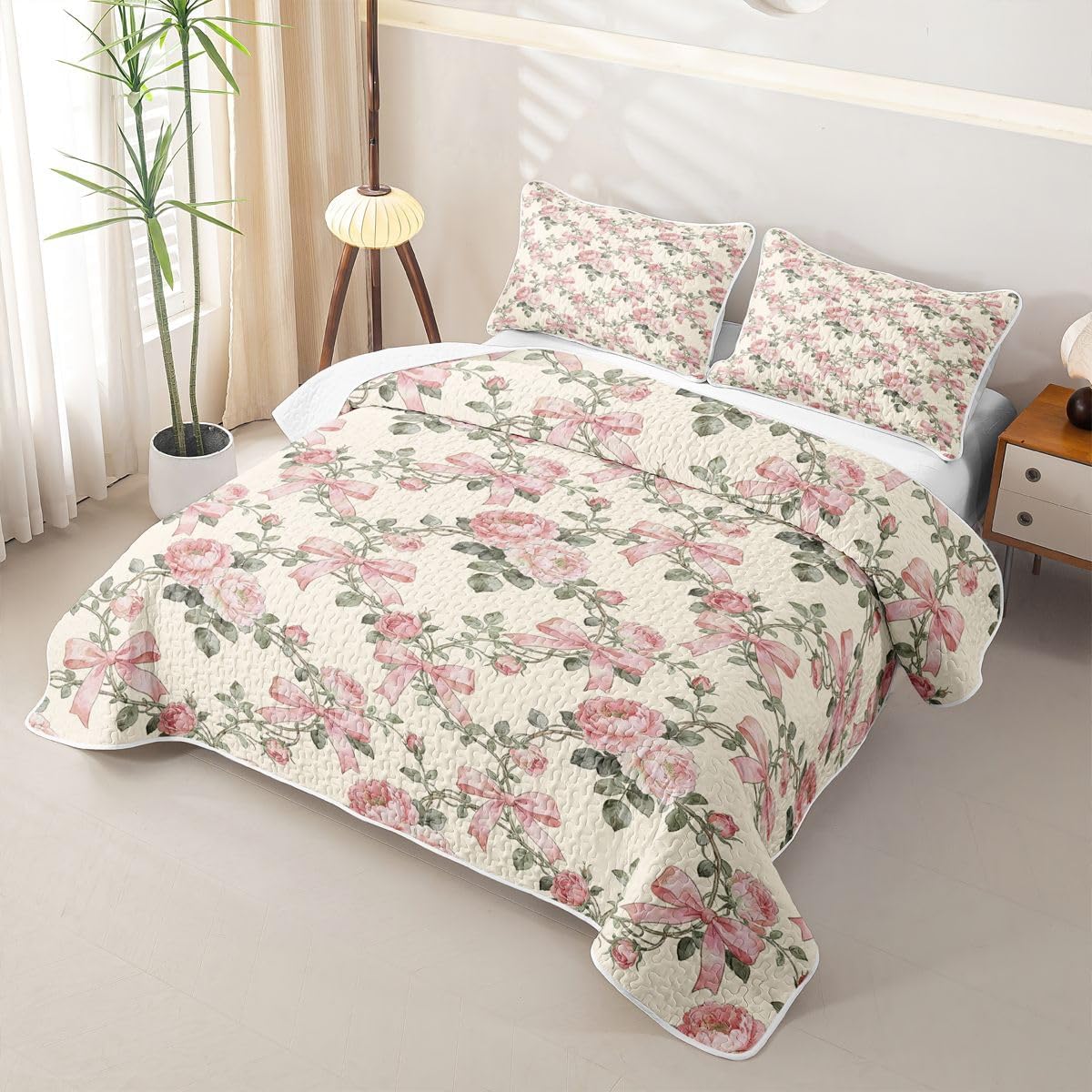 jejeloiu Floral Rose Bow Quilt Sets King Size Pretty Girly Bowknot Kids Boys Girls Quilts with 2 Pillowcases Soft Princess Style Bedspread Coverlet Set Lightweight Bedding
