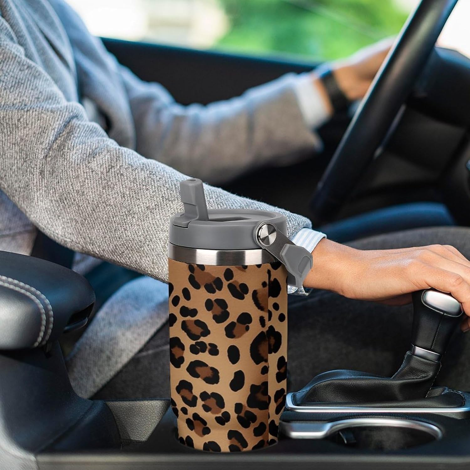 30oz Insulated Tumblers with Top Handle, Stainless Steel Leopard Print Car Cup with Straw for Gift, Leak-Proof Double Wall Vacuum Travel Mug, Personalized Water Bottles White