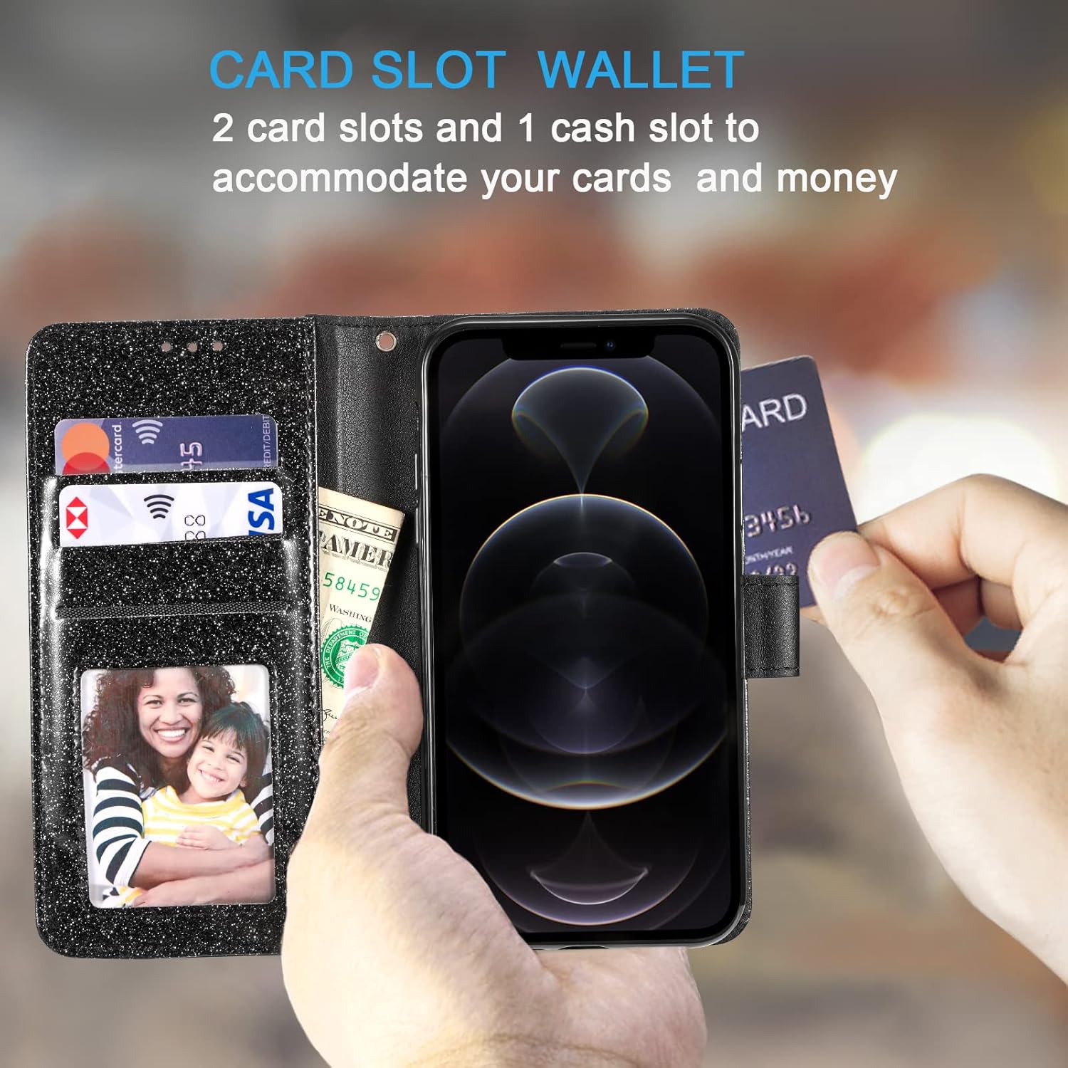 UEEBAI Wallet Case for iPhone 17 Pro Max, Glitter PU Leather Phone Cover Card Slots Kickstand Wallet Magnetic Closure Bling Flip Case Shockproof Hand Strap Flip Cover - Black - Image 2