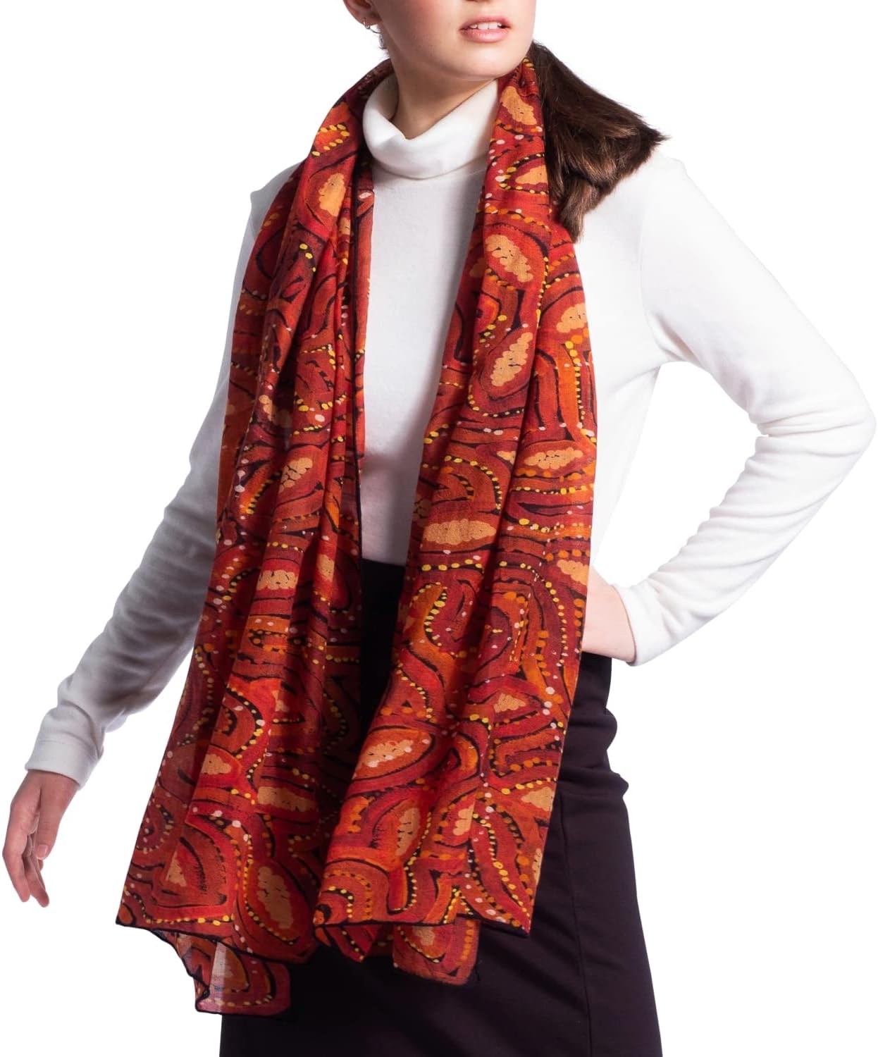 Mainie Red Earth Wool Scarf for Women, Australian Aboriginal Art Print, Merino Wool Scarves for Women Fashion, Rectangle Long Lightweight Head Wool Scarf for Winter Warm