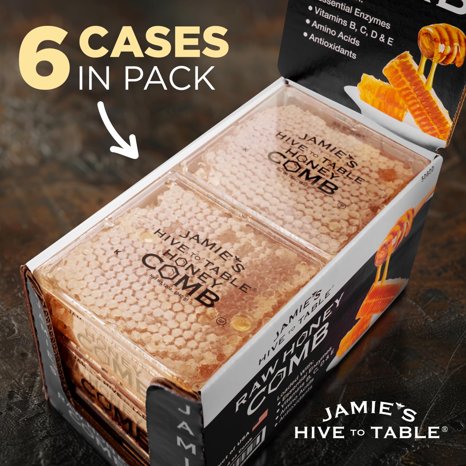 Jamie's Hive To Table 100% Raw Honeycomb, 72 Oz (Pack of 6) – All-Natural Pure Georgia Honeycomb – Fresh Georgia Honeycomb with Bee Pollen and Propolis, No Additives or Preservatives, Non-GMO