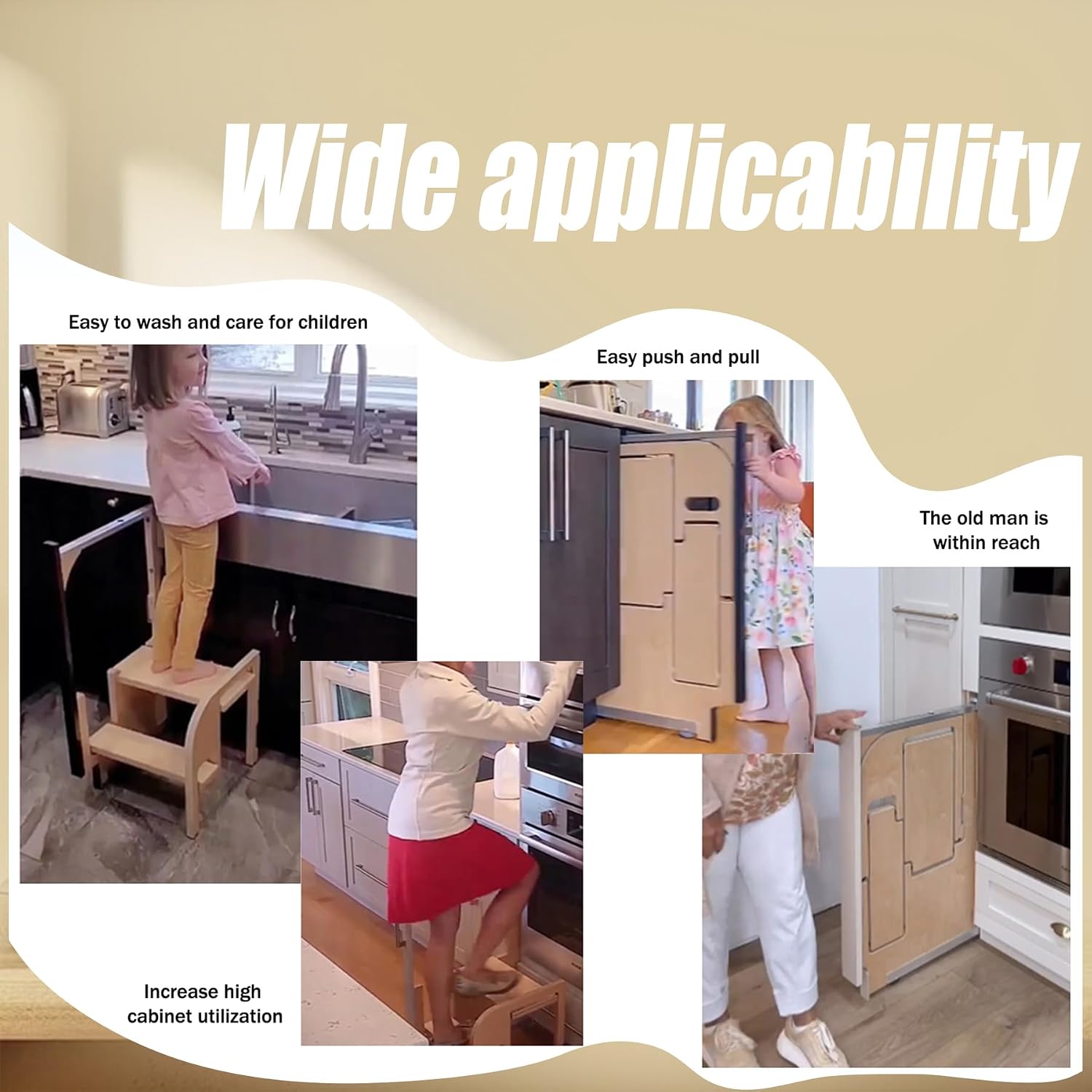 Wooden Ultra-Thin Foldable Step Stool, Kitchen Ladder Wooden Foldable Hidden Step Ladder Left/Right Universal for Home,Bathroom, Closet, 3 Step