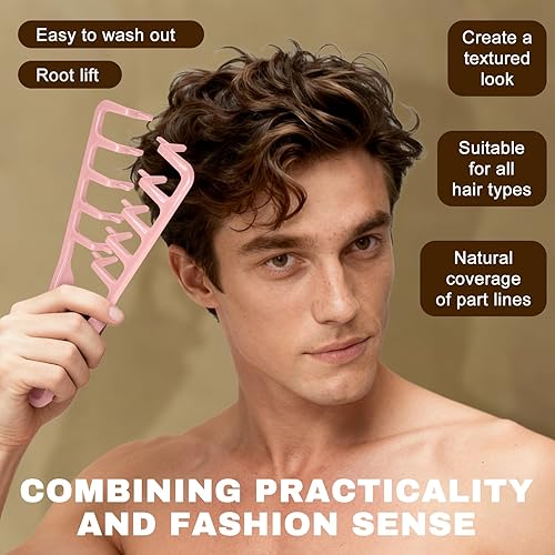 Miniatura 5 de Peine de textura  2 peines de dientes anchos para hombres y mujeres, peine de pelo rizado esponjoso para volumen y separación de flecos (gris + rosa)