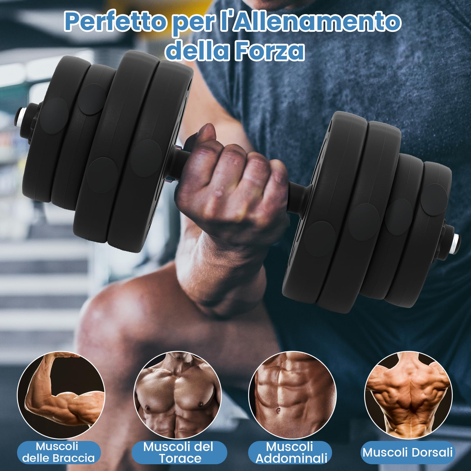 COSTWAY Set di 2 Manubri Regolabili 30 Kg, Bilanciere da Palestra con Barra di Collegamento e Copertura Protettiva in Gomma, Attrezzature per Allenamento a Casa