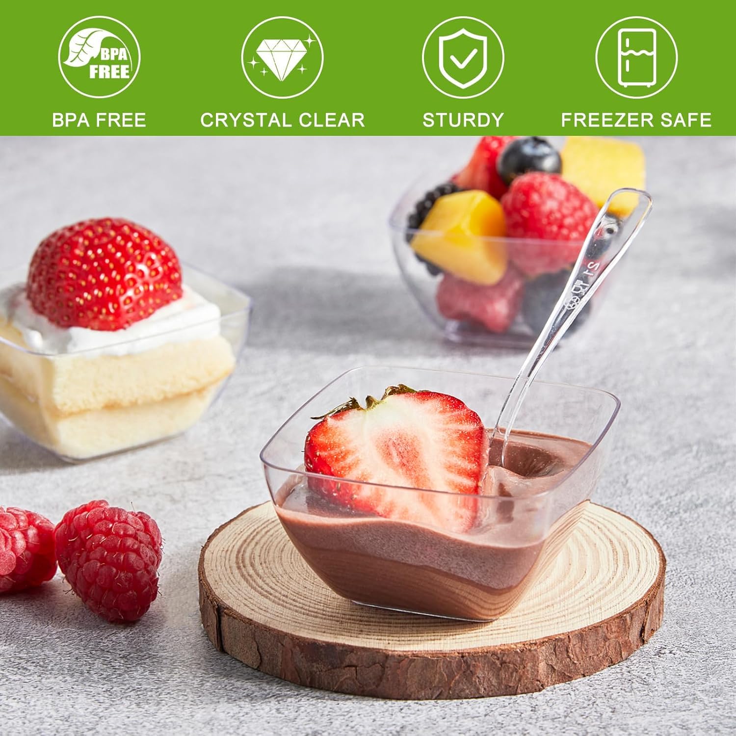 Zezzxu 100 Pack 2 oz Mini Dessert Cups with Spoons, Clear Plastic Reusable Small Square Party Serving Tiny Bowls for Individual Appetizers, Trifle, Cheesecake, Hors D'oeuvres - Image 3