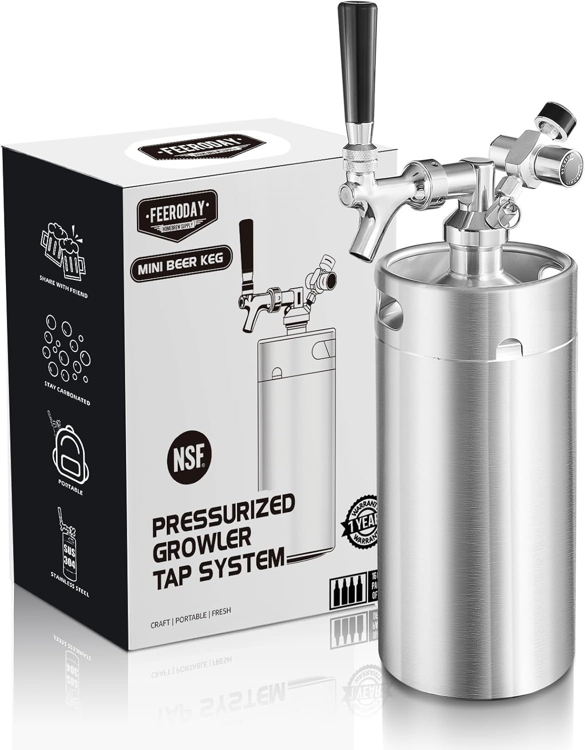 Ferroday Mini Keg Growler Tap System, 128Oz Mini Beer Growler, Stainless Steel Home Draft Beer Dispenser With Faucet&Co2 Regulator, Portable Beer Tap System Keep Beer Fresh And Carbonation