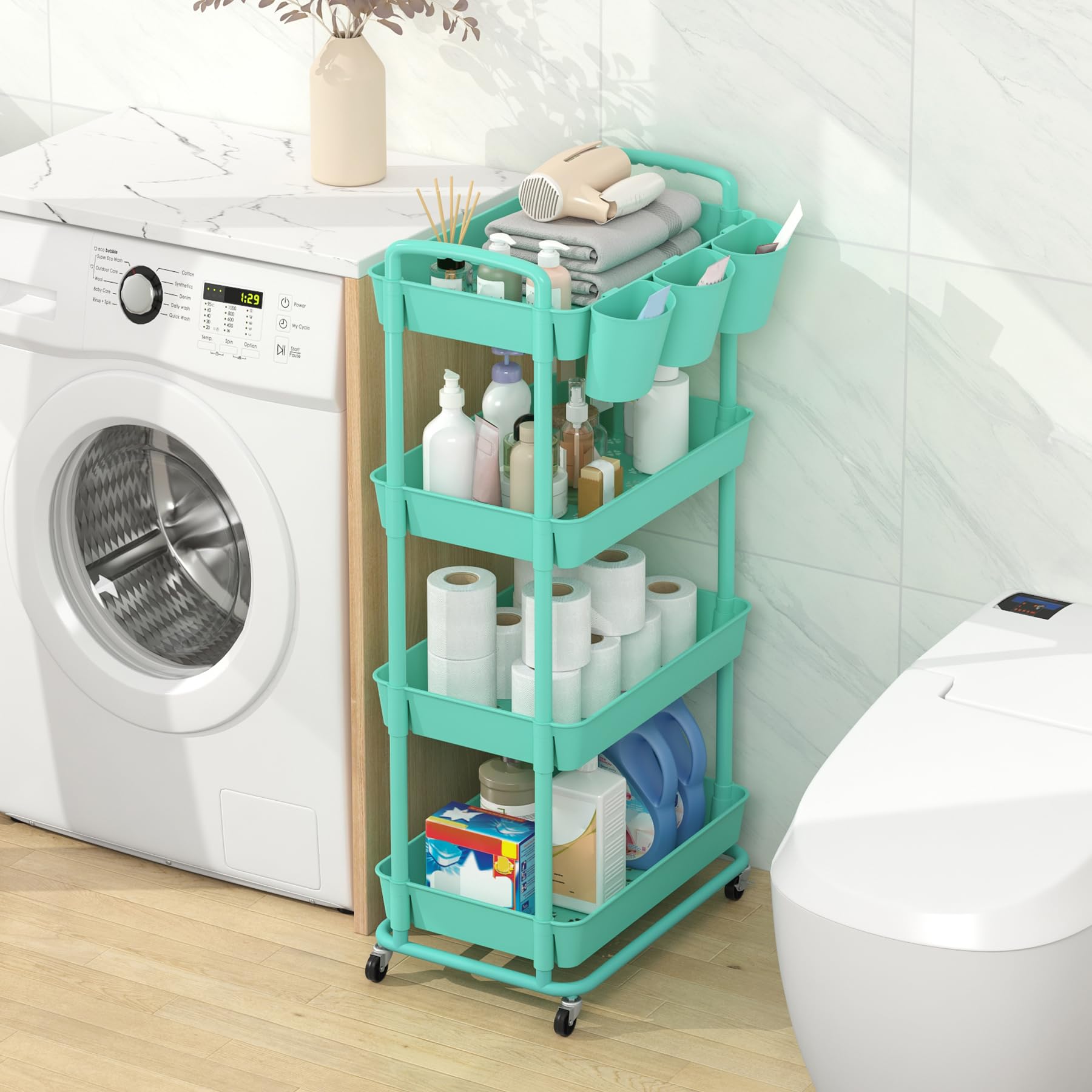 JIUYOTREE 3-Tier Plastic Rolling Opbergkar Utility Cart met Extra Opknoping Cups Handgrepen Afsluitbare Wielen voor Woonkamer Badkamer Keuken Kantoor Roze JIUYOTREE 3-Tier Plastic Rolling Opbergkar Utility Cart met Extra Opknoping Cups Handgrepen Afsluitbare Wielen voor Woonkamer Badkamer Keuken Kantoor Roze