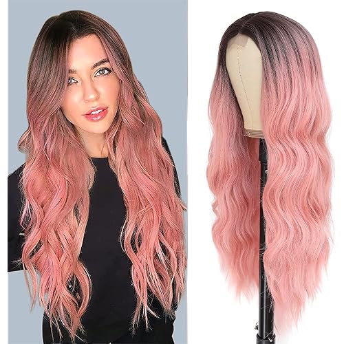 WAVE&BREEZE Long Ombre Pink Wavy Wigs for Women Long Curly Middle Part Lace Pink Hair Wigs Natural Looking Colorful Hair Replacement Wigs Costume Cosplay Halloween Daily Wearing Wigs(Ombre Pink)