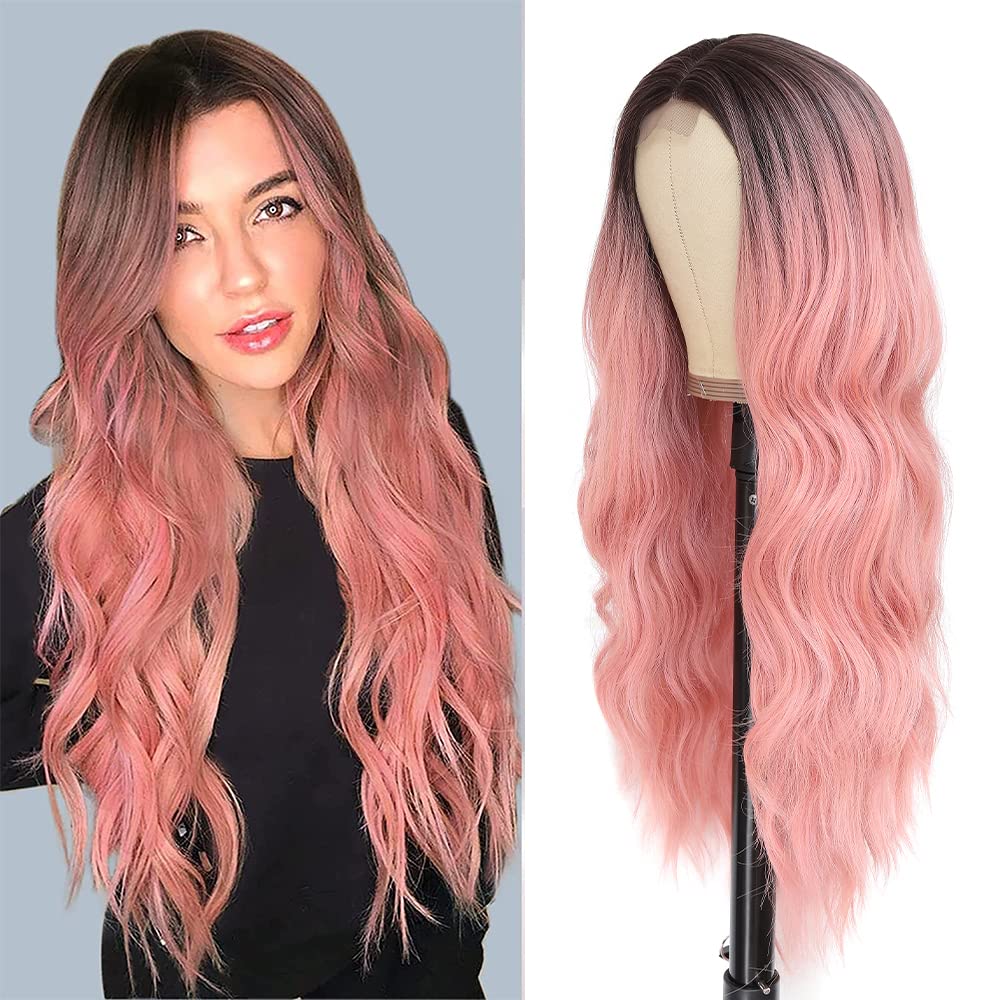 WAVE&BREEZE Long Ombre Pink Wavy Wigs for Women Long Curly