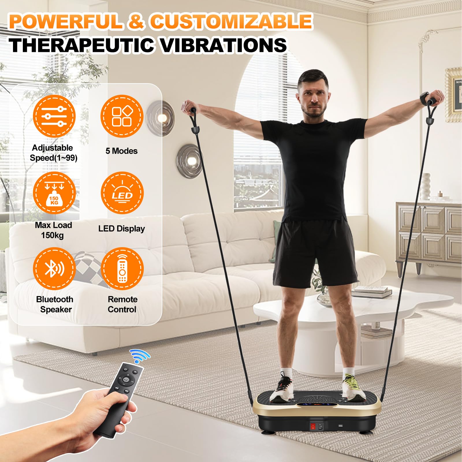 Plataforma Vibratoria Muscular, 99 Niveles de Vibración, 5 Programas de Entrenamiento, Altavoz Bluetooth y Bandas Elásticas, Plataforma Vibración para Hacer Ejercicios en Casa