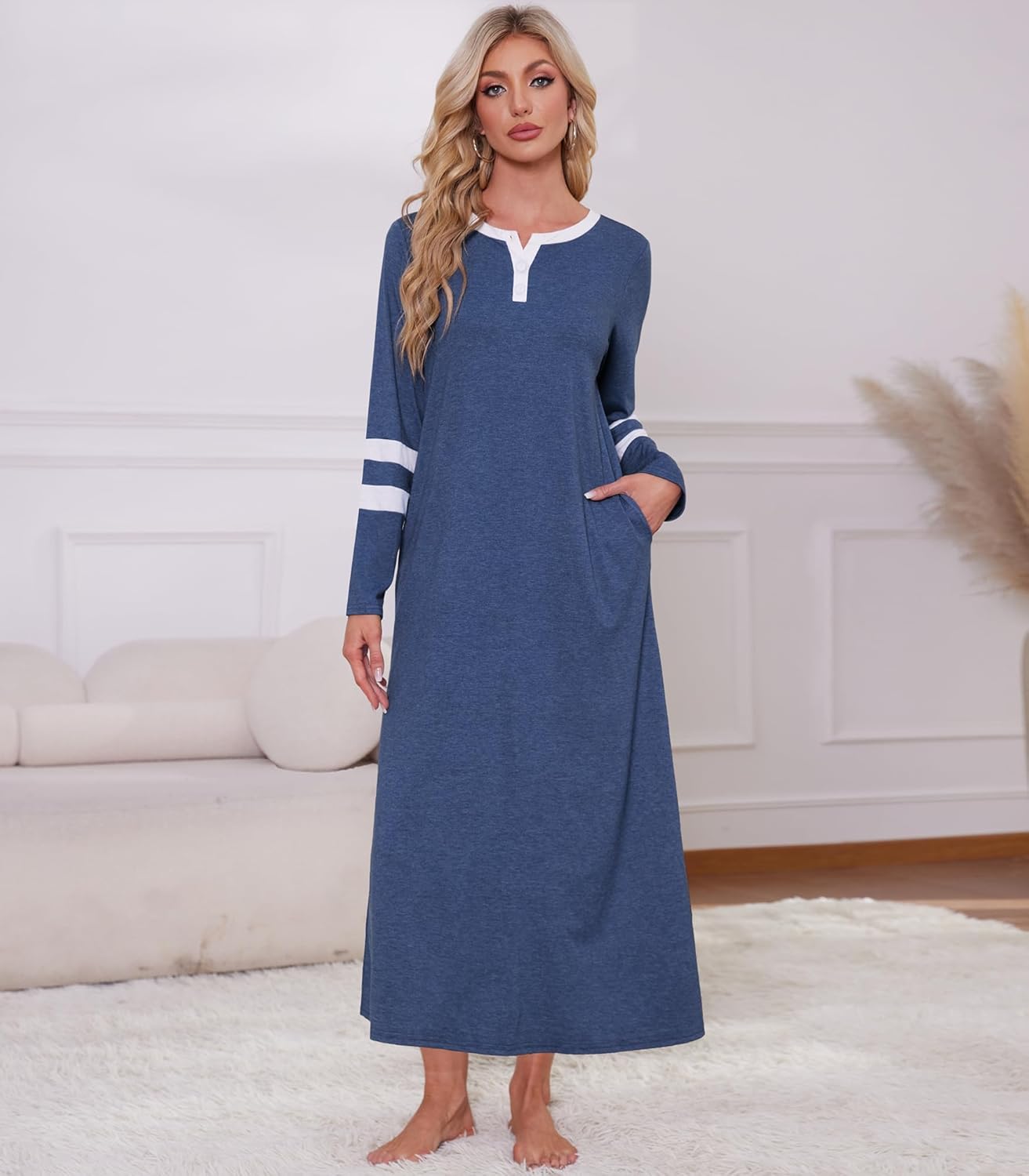 Women Cotton Long Sleeve Nightgowns Soft Button Down Sleep Shirts Full Length Night Shirts Sleepwear with Pockets - Image 2