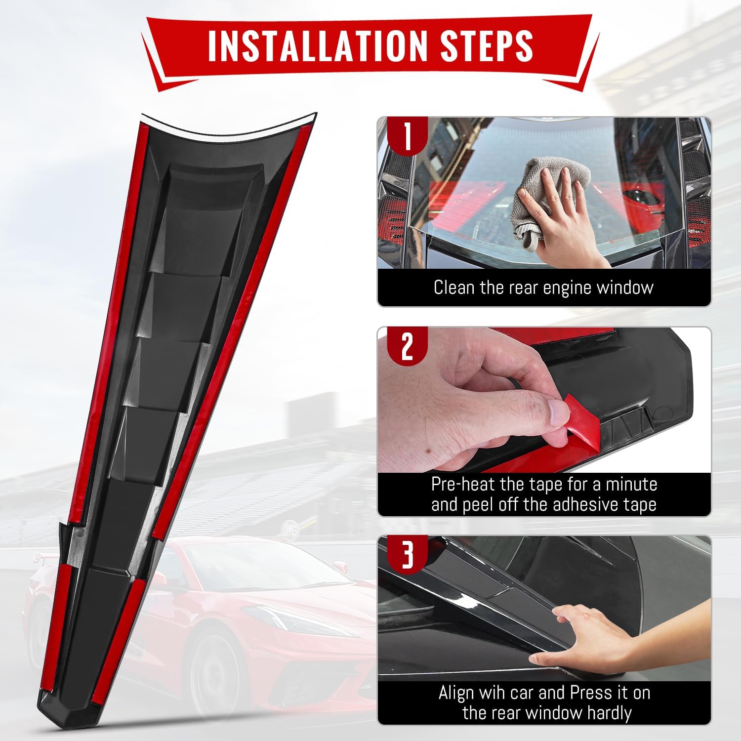Rear Window Split Louver Panel Exterior Accessories Compatible with Corvette C8 Stingray Z51 Coupe 2020-2025,for C8 Z06 E-ray 2023-2025,Rear Engine Window Center Decor Molding Panel,Black