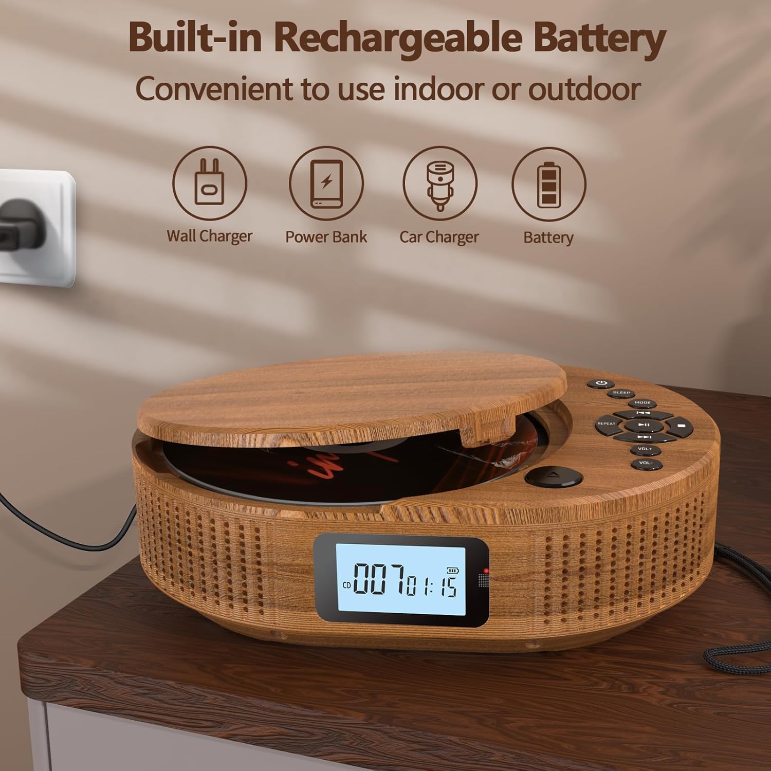 Arafuna Portable CD Player being charged with a wall charger, power bank, and car charger options shown.