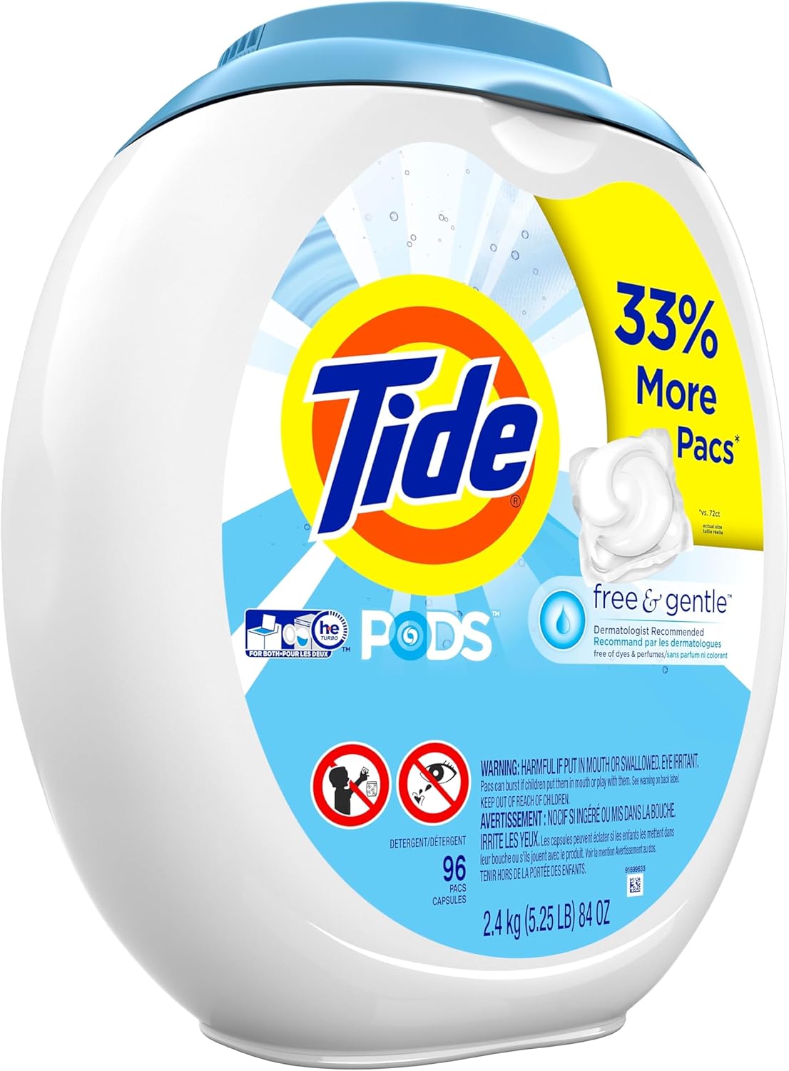 Tide PODS Free and Gentle, Laundry Detergent Soap PODS, HE, 96 Count - Unscented and Hypoallergenic for Sensitive Skin, Free and Clear of Dyes and Perfumes