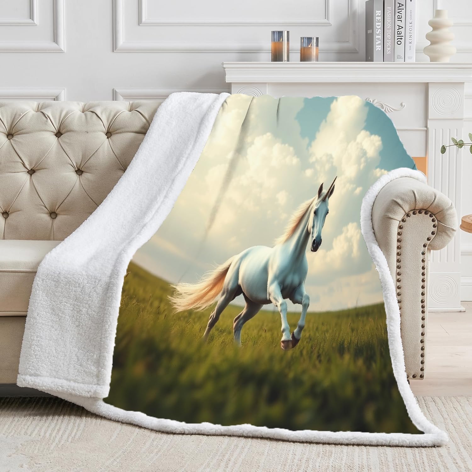 Générique Cheval Blanc Couverture Polaire Epaisse Hiver Adulte 3D Prairie Plaid Canape Chaud Doux en Flanelle Jeté de Canapé pour Couvre lit 2 Personnes pour Fille Garcon 150x200 cm