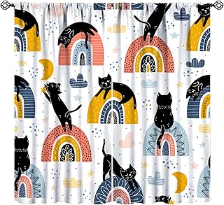 JESTRONRY Modern Abstract Curtain,Black Cats and Colourful Rainbows Cute Animal Background Blackout Rod Pocket Window Drapes for Baby Kids Girls Bedroom Living Room Home Decor W42xL45in