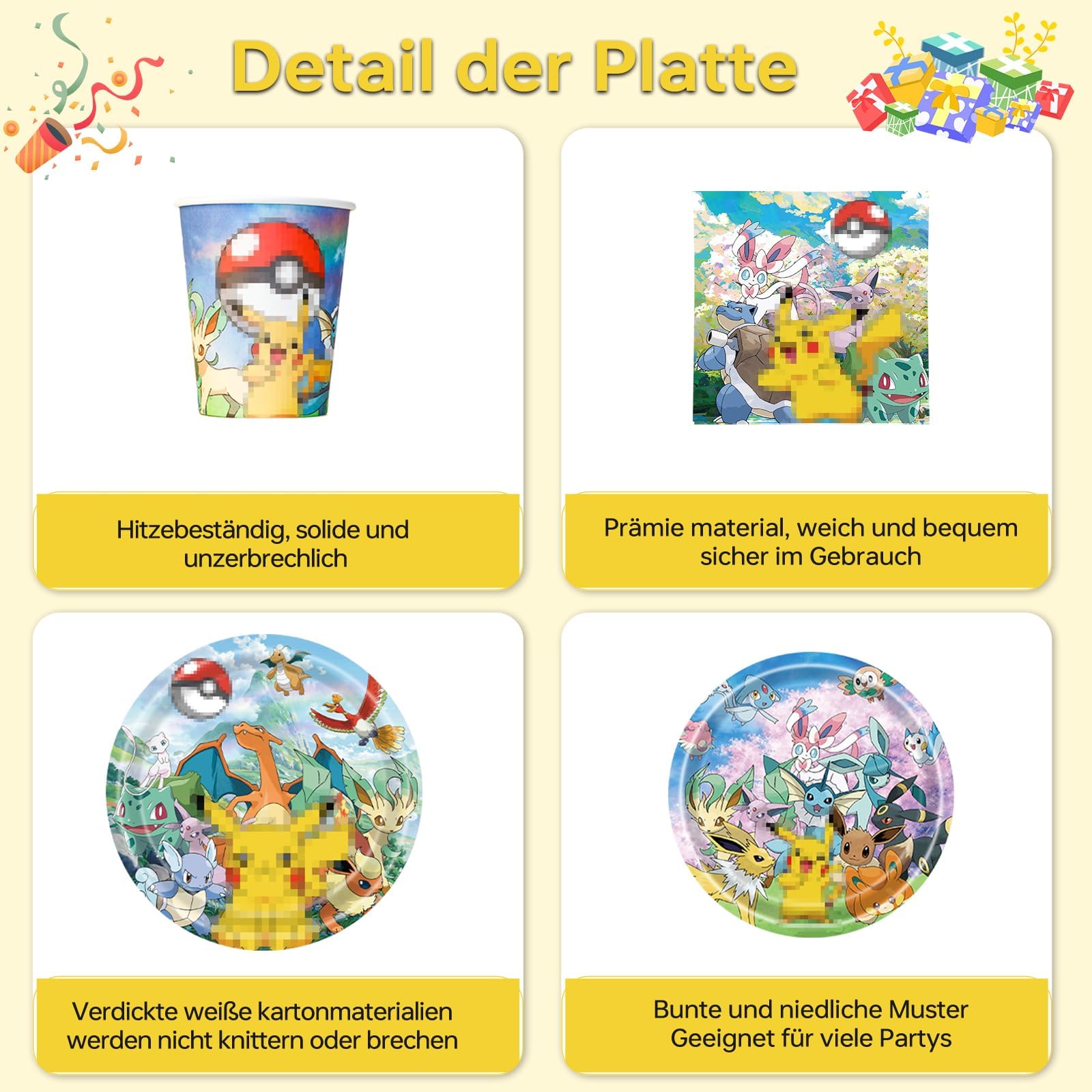 Pappgeschirr Set, 80 Stück Partygeschirr mit Pappteller Pappbecher Servietten für 20 Gäste, Bunte Papier Teller und Becher, Cartoon Anime Geschirrset für Kindergeburtstag Partydeko Tischdeko