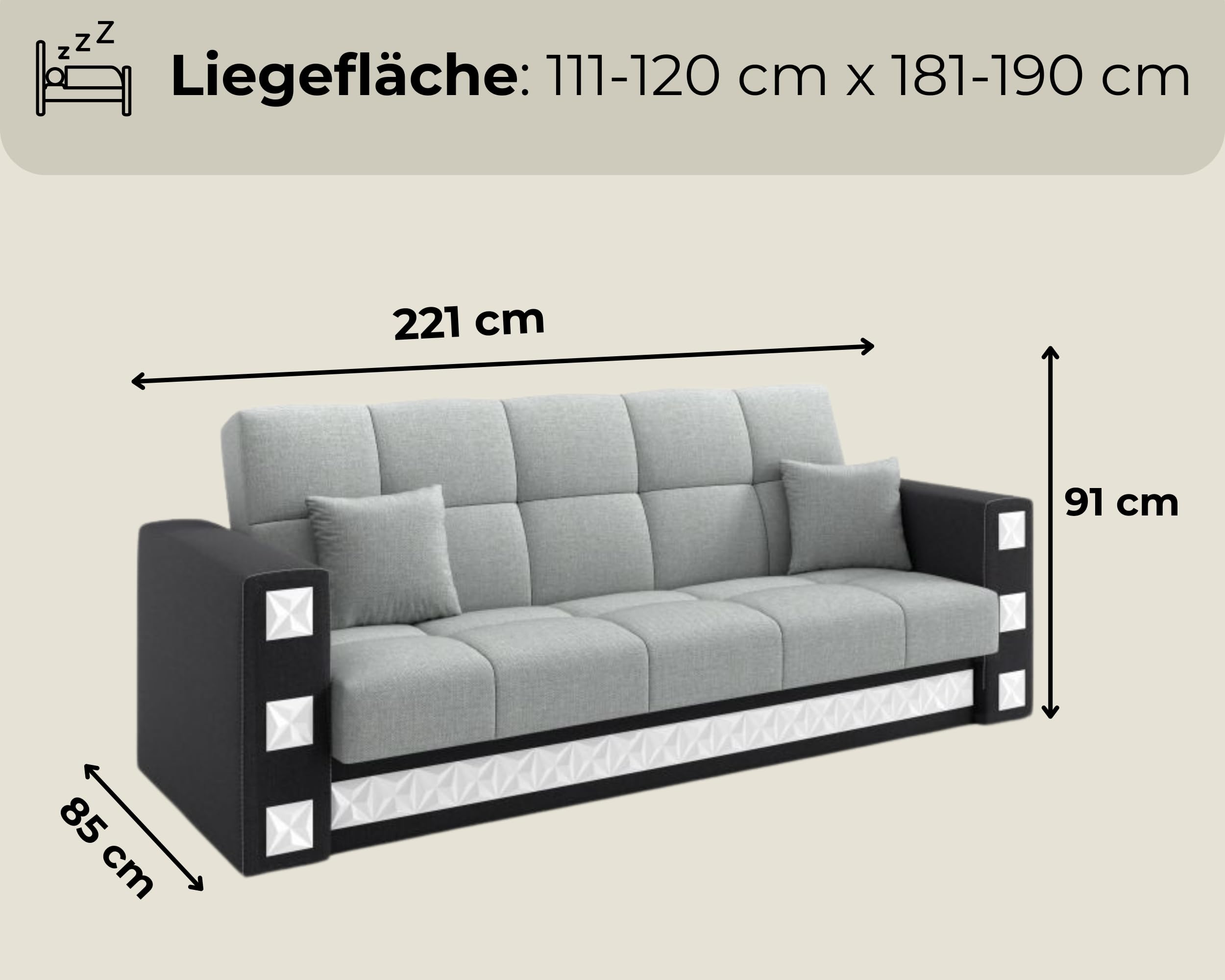 LIKMA Rozkładana Wersalka Manila Szaro/Czarna 221x91x85 cm z Funkcją Spania, Pojemnikiem na Pościel, 2 Poduszki; Sofa w Tkaninie Inari 91+100